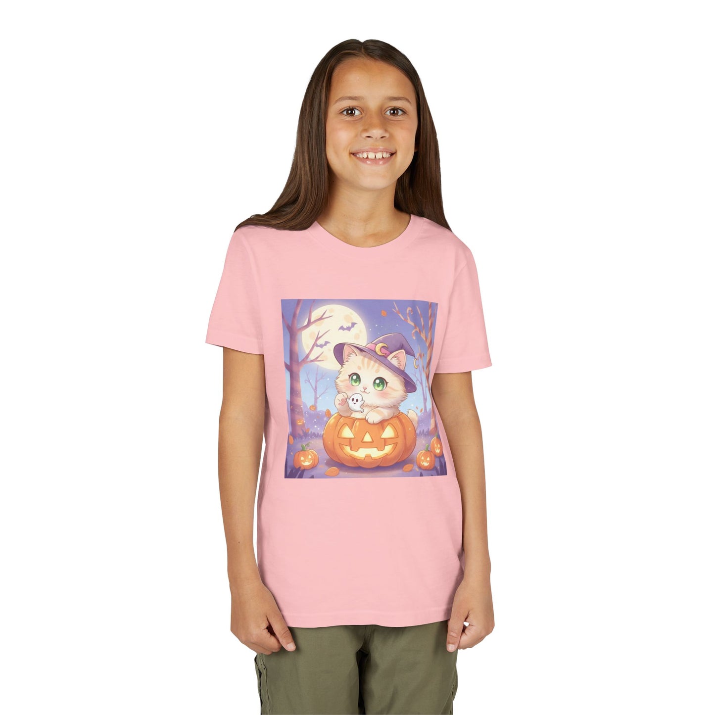 Halloween cute kitten anime style 1 Unisex Youth Tee | T-Shirt, Cute Pumpkin Shirt, Kids Halloween Outfit, Cat Lover Gift, Fun Fall Apparel