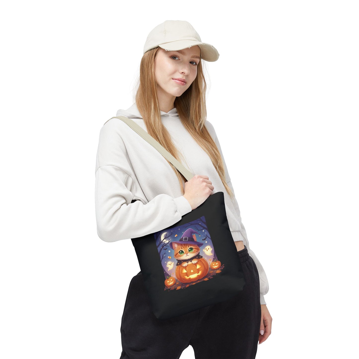 Halloween Cat anime style Tote Bag, Spooky Pet Lovers Gift, Boho Halloween Bag, Witchy Cat Tote, Fall Festivities Accessory