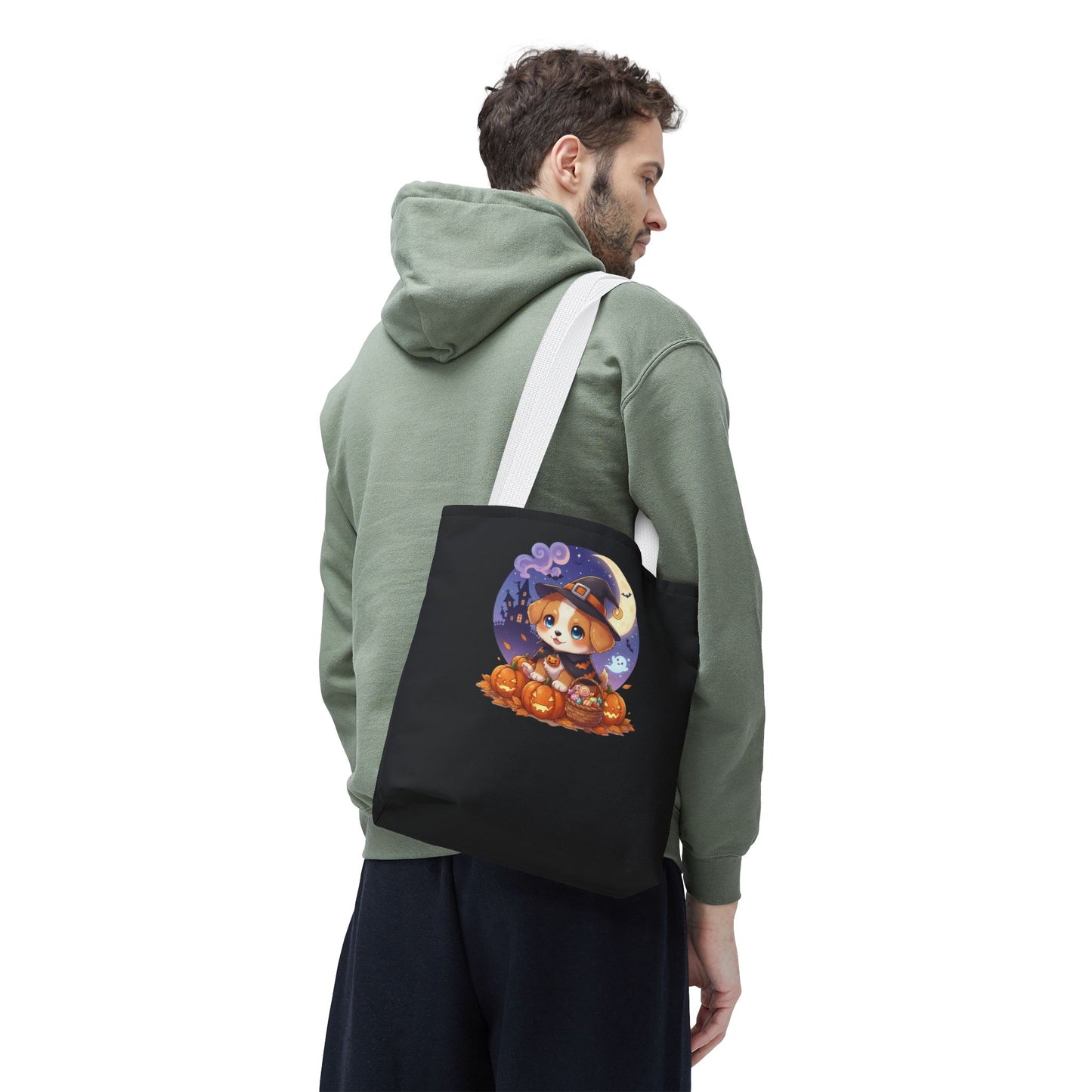 Adorable Halloween Puppy anime style Tote Bag, Pumpkin Lover Gift, Cute Dog Design, Witch Theme, Eco-Friendly Shopping Bag