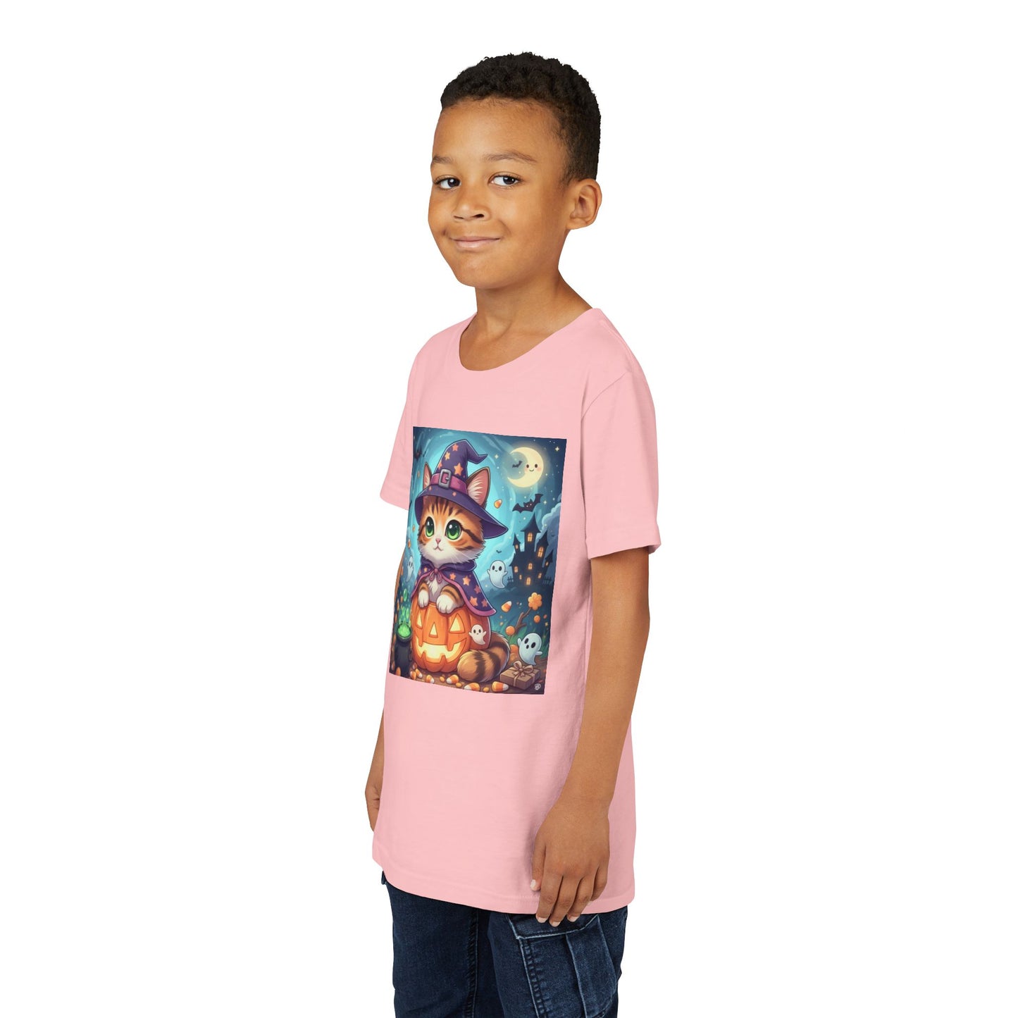 Halloween cute kitten anime style 2 Unisex Youth Tee | T-Shirt, Cute Pumpkin Shirt, Kids Halloween Outfit, Cat Lover Gift, Fun Fall Apparel