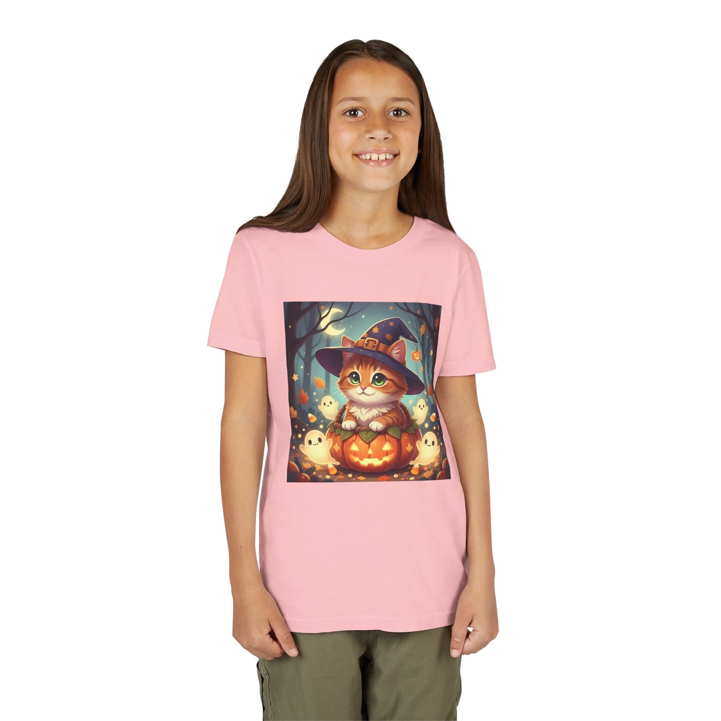 Halloween cute kitten anime style 3 Unisex Youth Tee | T-Shirt, Cute Pumpkin Shirt, Kids Halloween Outfit, Cat Lover Gift, Fun Fall Apparel