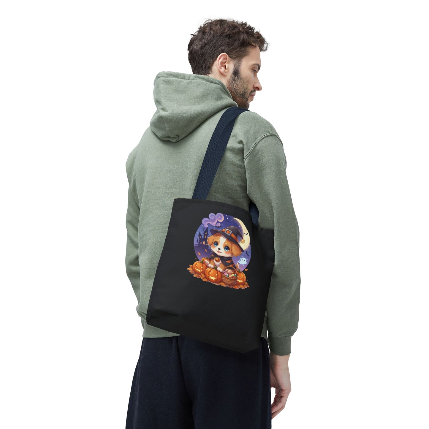 Adorable Halloween Puppy anime style Tote Bag, Pumpkin Lover Gift, Cute Dog Design, Witch Theme, Eco-Friendly Shopping Bag