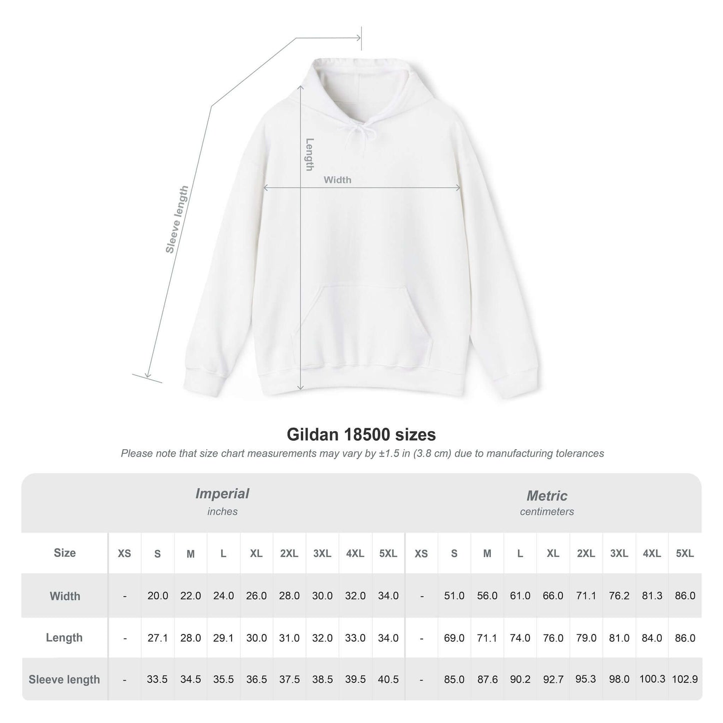 Stay Cool Doberman Portrait Unisex Pullover Hoodie size chart with measurements in inches and centimeters.