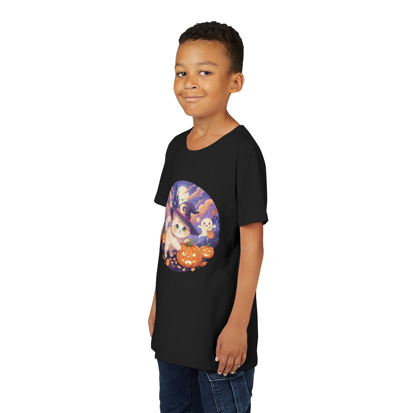 Halloween cute kitten anime style 5 Unisex Youth Tee | T-Shirt, Cute Pumpkin Shirt, Kids Halloween Outfit, Cat Lover Gift, Fun Fall Apparel