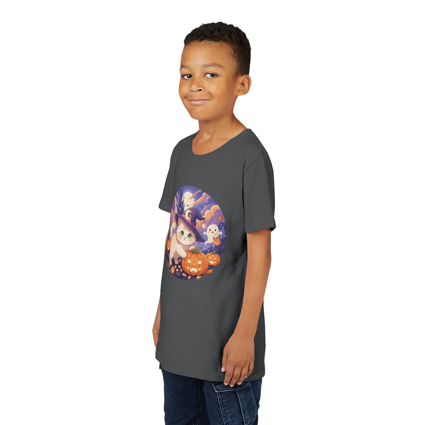 Halloween cute kitten anime style 5 Unisex Youth Tee | T-Shirt, Cute Pumpkin Shirt, Kids Halloween Outfit, Cat Lover Gift, Fun Fall Apparel