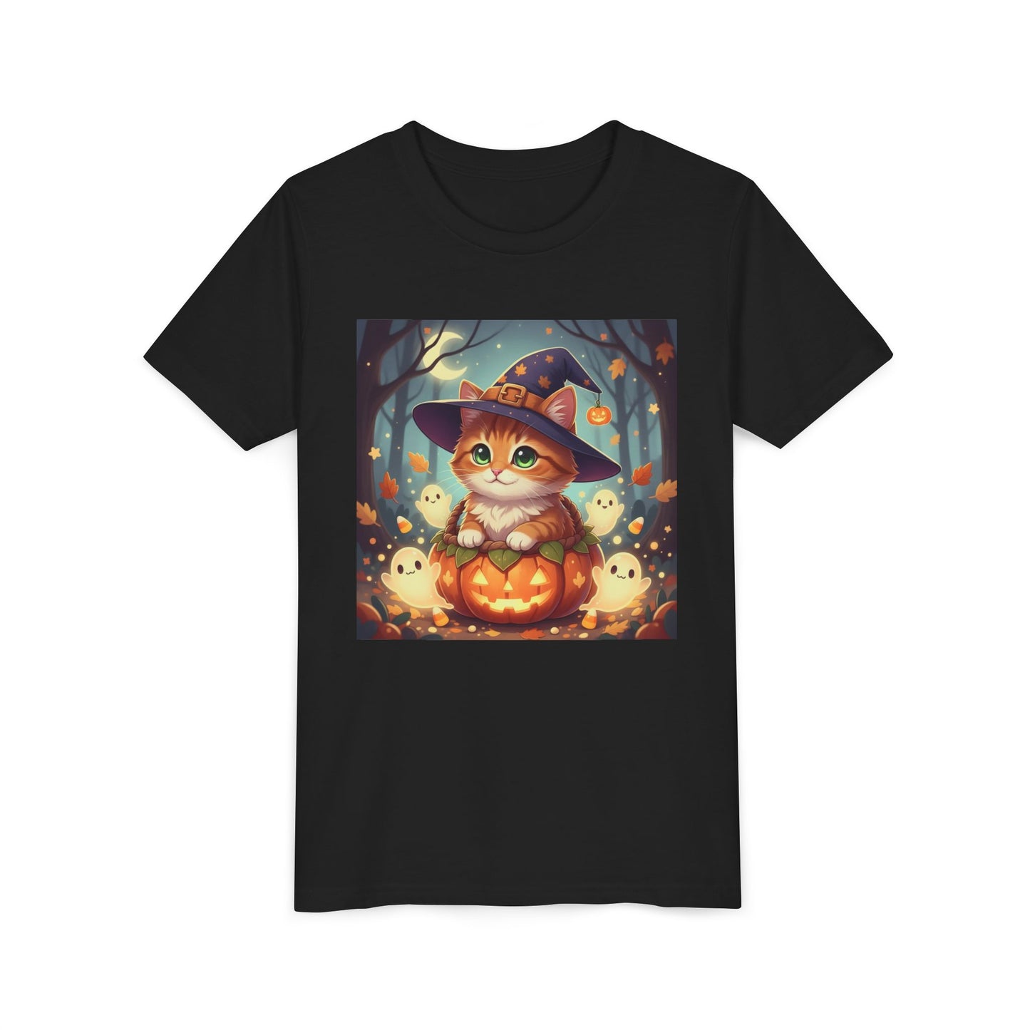 Halloween cute kitten anime style 3 Unisex Youth Tee | T-Shirt, Cute Pumpkin Shirt, Kids Halloween Outfit, Cat Lover Gift, Fun Fall Apparel
