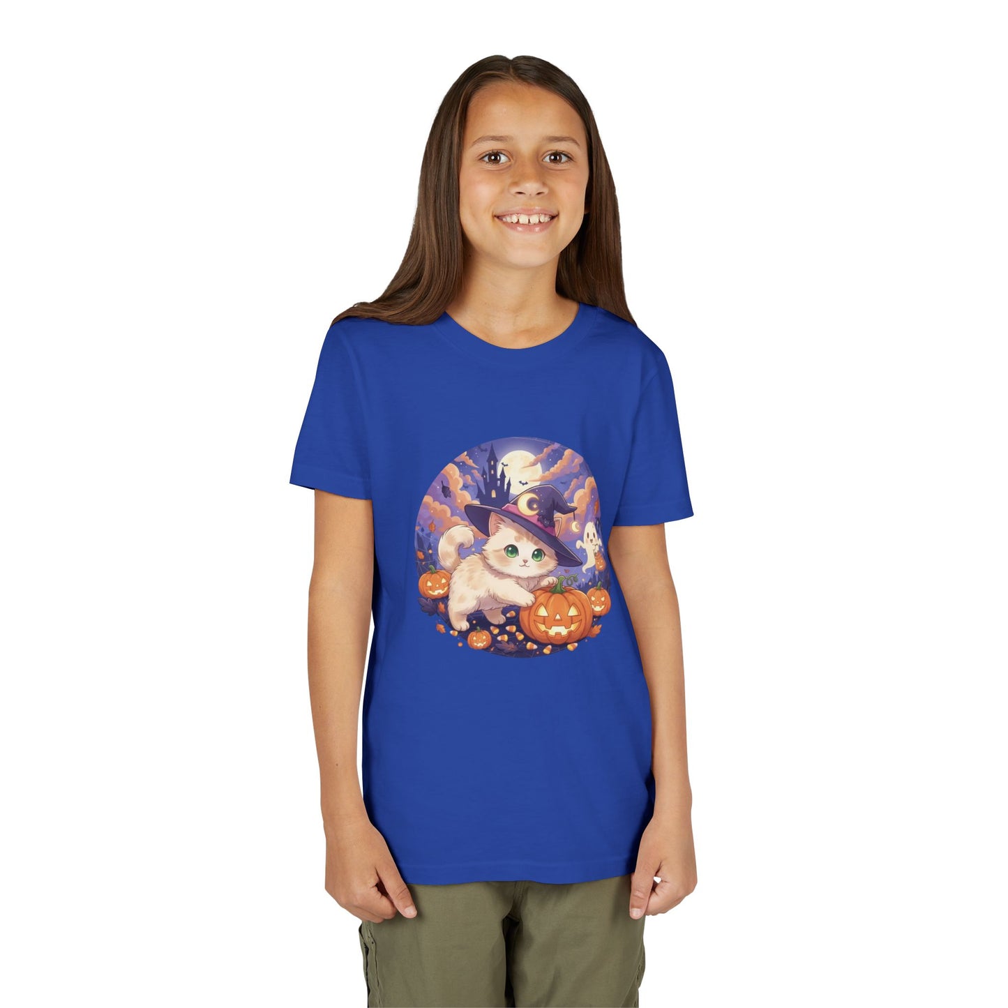 Halloween cute kitten anime style 5 Unisex Youth Tee | T-Shirt, Cute Pumpkin Shirt, Kids Halloween Outfit, Cat Lover Gift, Fun Fall Apparel