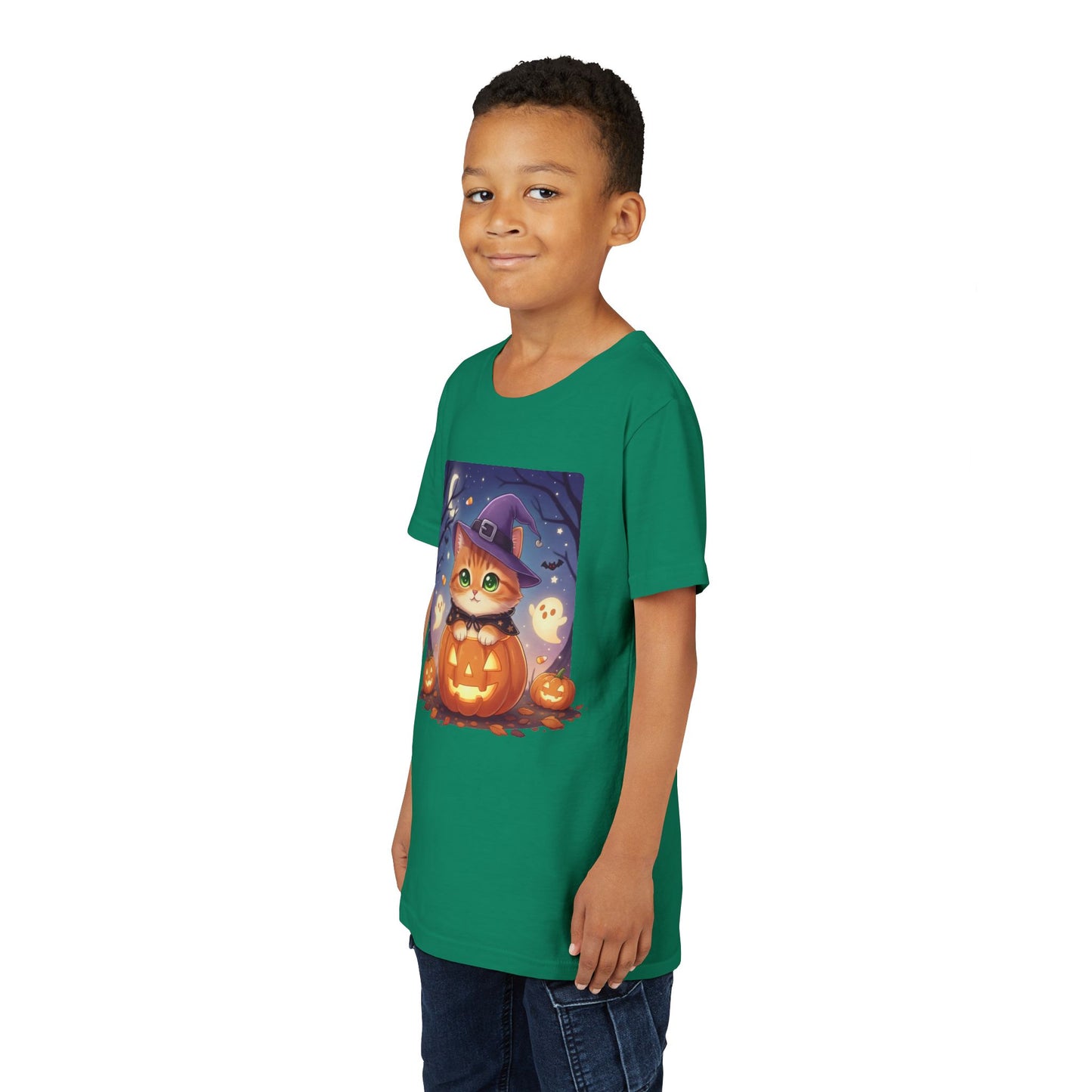 Halloween cute kitten anime style 7 Unisex Youth Tee | T-Shirt, Cute Pumpkin Shirt, Kids Halloween Outfit, Cat Lover Gift, Fun Fall Apparel