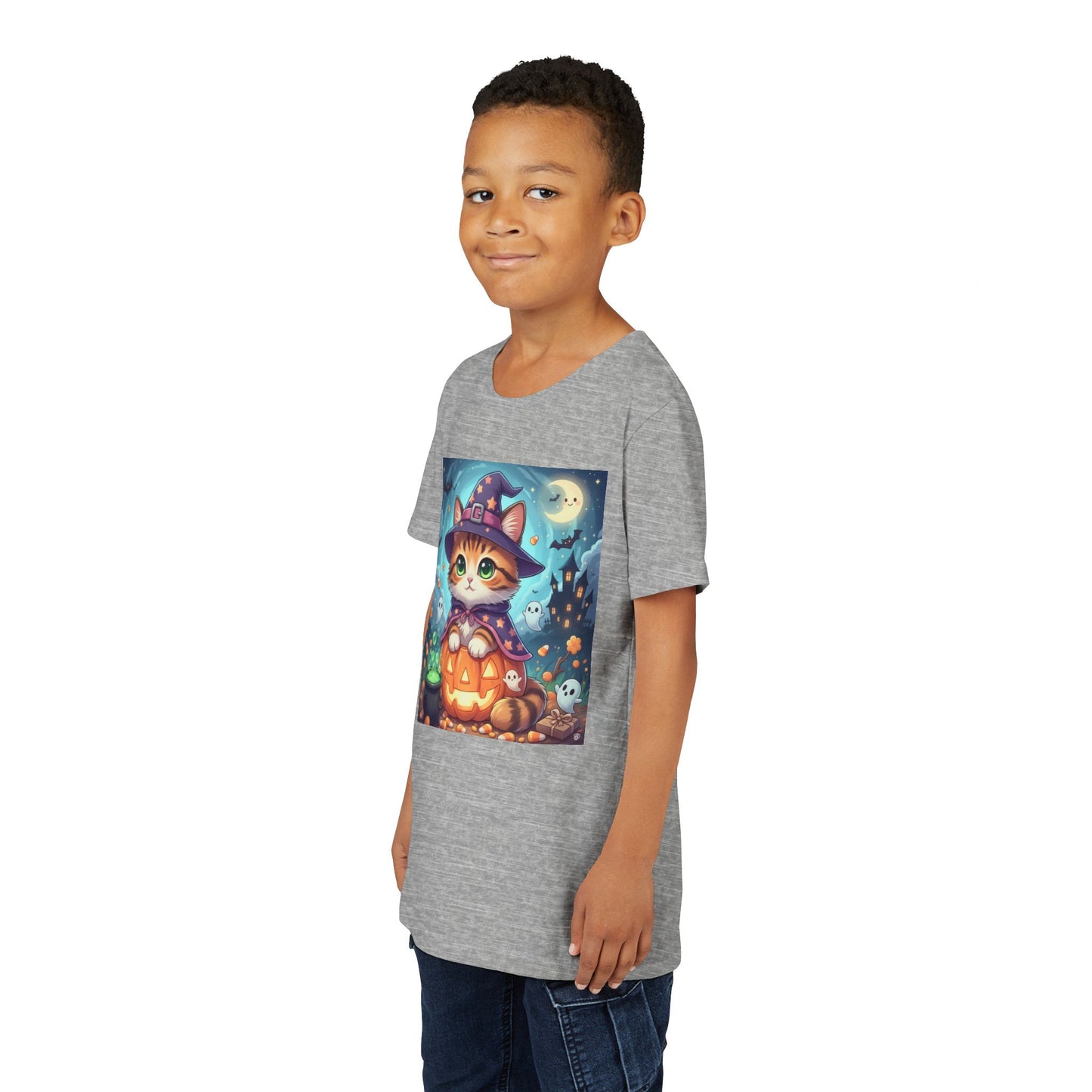 Halloween cute kitten anime style 2 Unisex Youth Tee | T-Shirt, Cute Pumpkin Shirt, Kids Halloween Outfit, Cat Lover Gift, Fun Fall Apparel