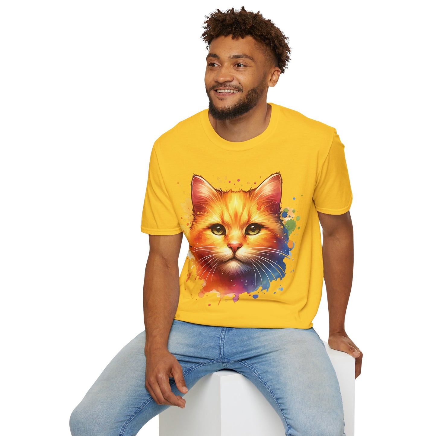 Watercolor Cat Head Unisex Cotton T-Shirt style 3