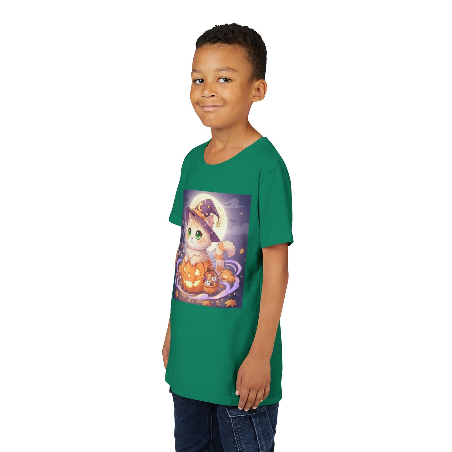 Halloween cute kitten anime style 4 Unisex Youth Tee | T-Shirt, Cute Pumpkin Shirt, Kids Halloween Outfit, Cat Lover Gift, Fun Fall Apparel