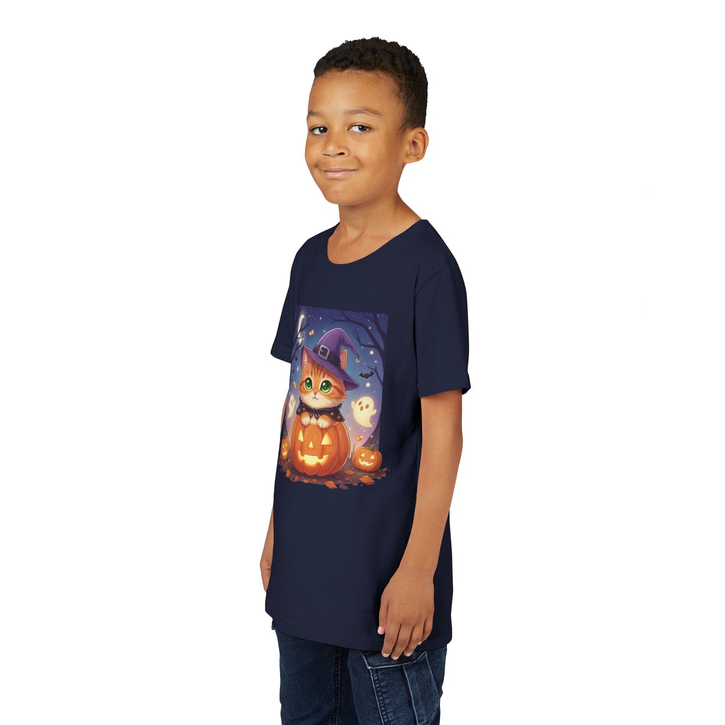 Halloween cute kitten anime style 7 Unisex Youth Tee | T-Shirt, Cute Pumpkin Shirt, Kids Halloween Outfit, Cat Lover Gift, Fun Fall Apparel