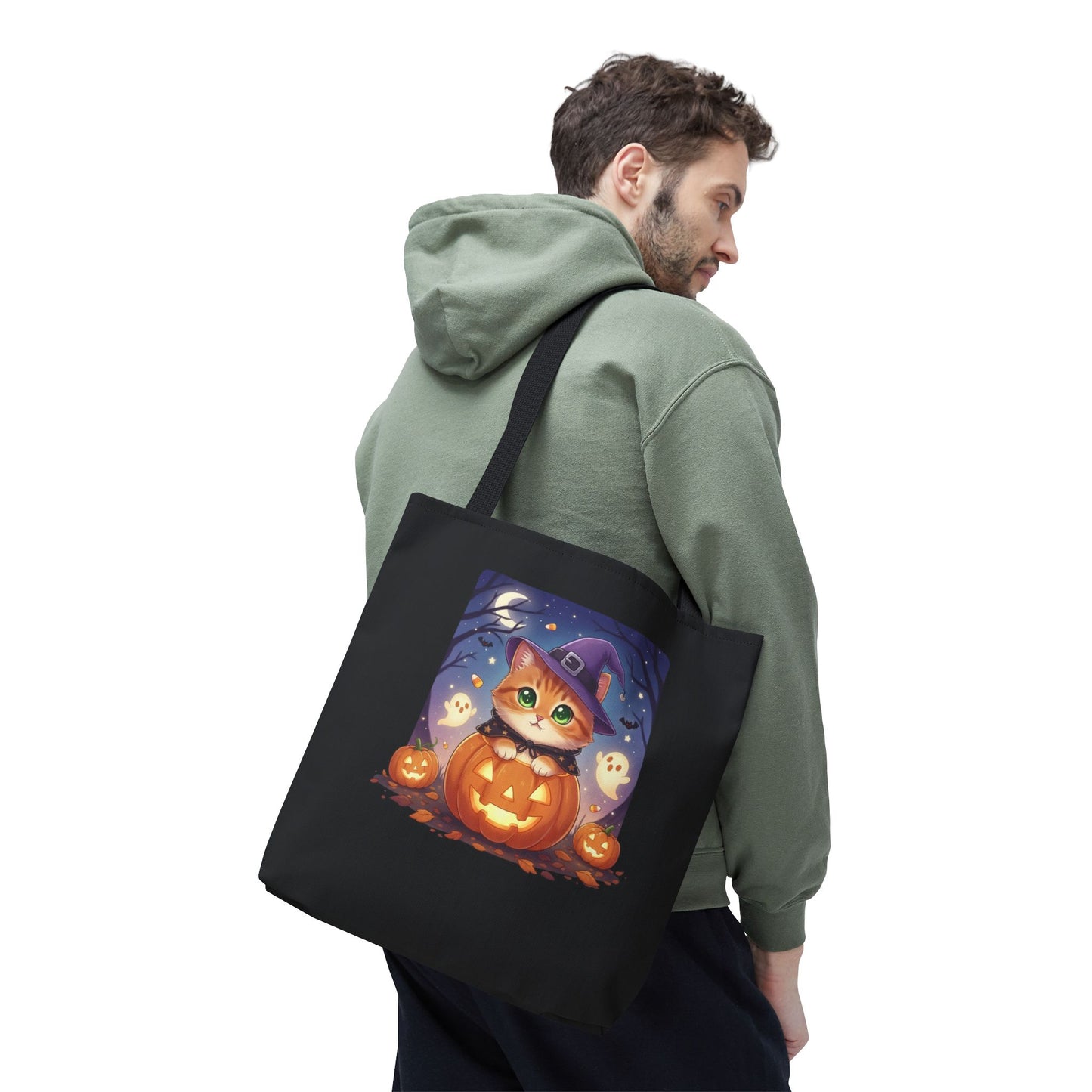 Halloween Cat anime style Tote Bag, Spooky Pet Lovers Gift, Boho Halloween Bag, Witchy Cat Tote, Fall Festivities Accessory