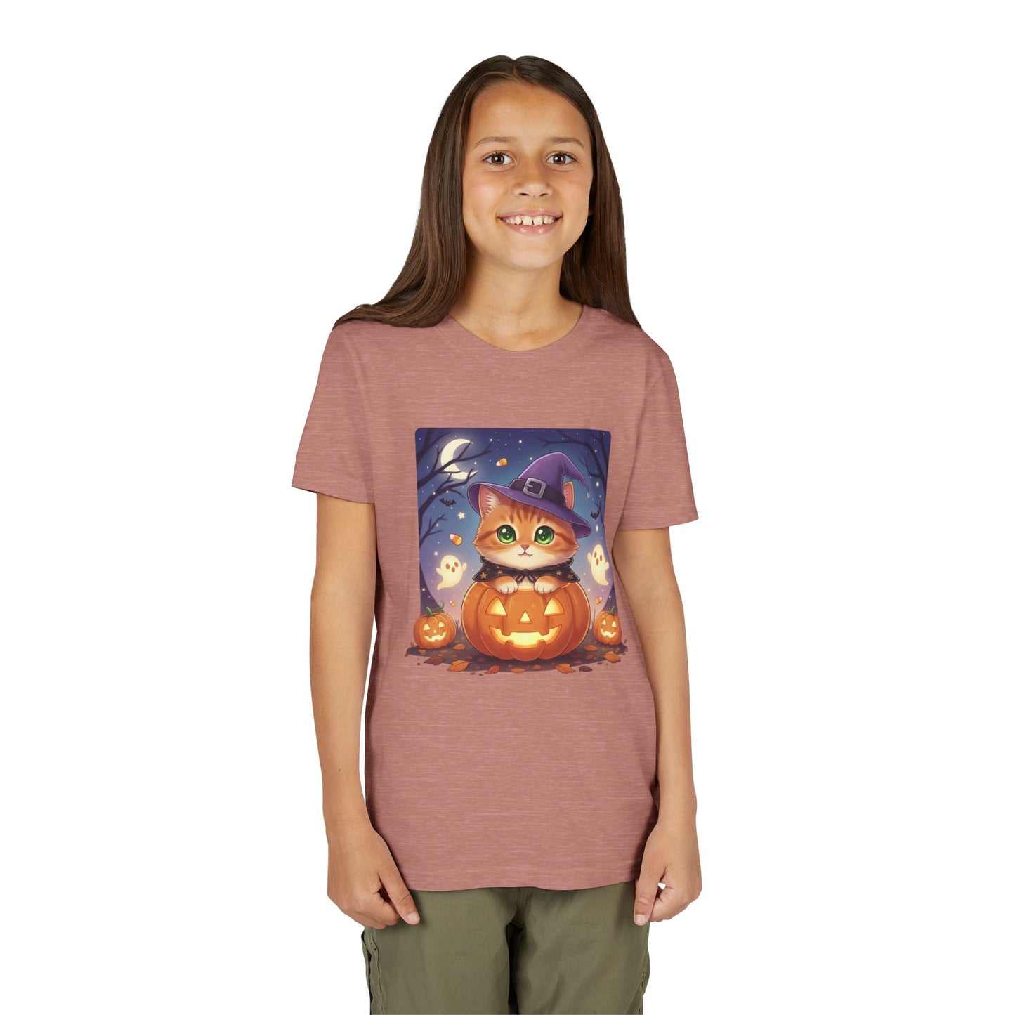 Halloween cute kitten anime style 7 Unisex Youth Tee | T-Shirt, Cute Pumpkin Shirt, Kids Halloween Outfit, Cat Lover Gift, Fun Fall Apparel