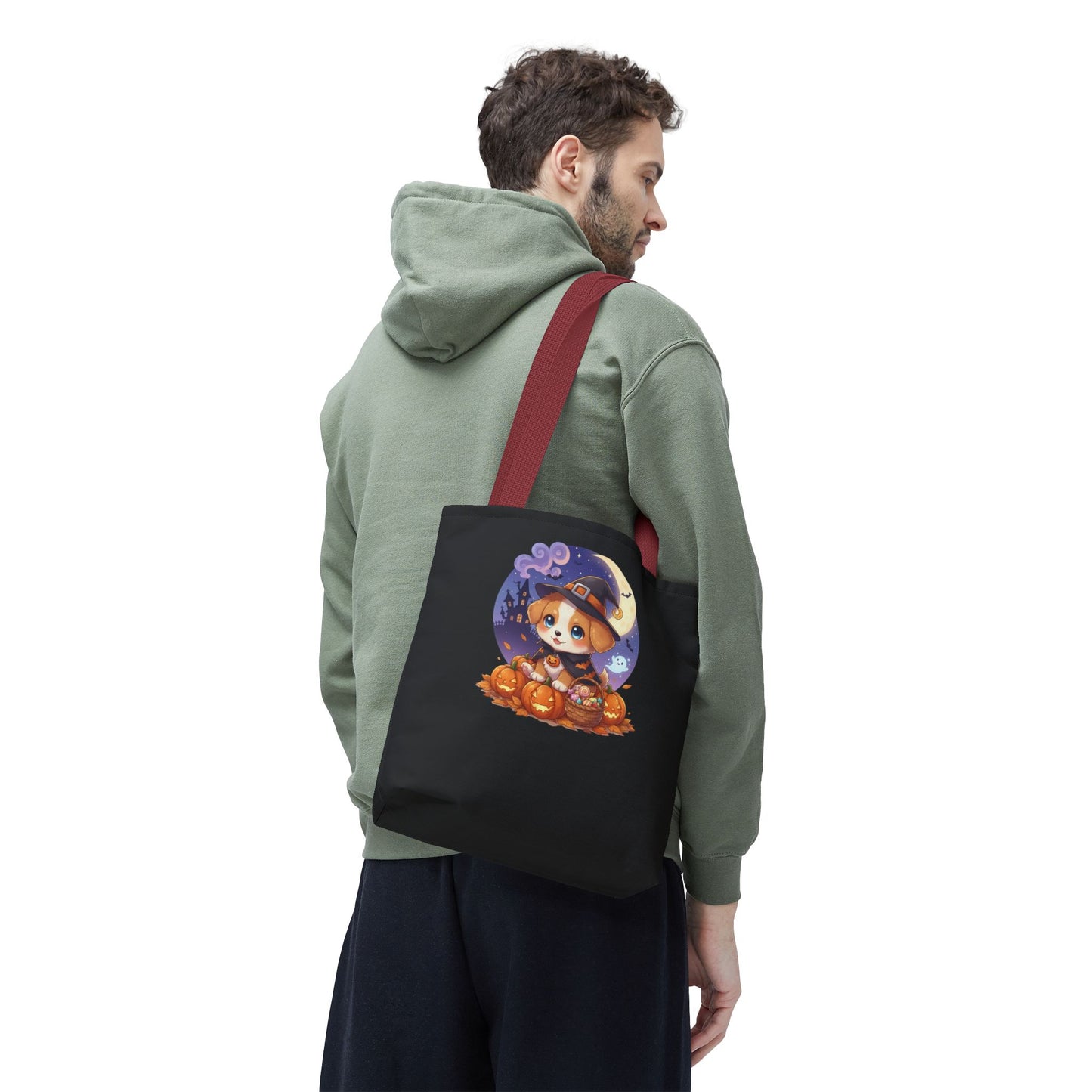 Adorable Halloween Puppy anime style Tote Bag, Pumpkin Lover Gift, Cute Dog Design, Witch Theme, Eco-Friendly Shopping Bag