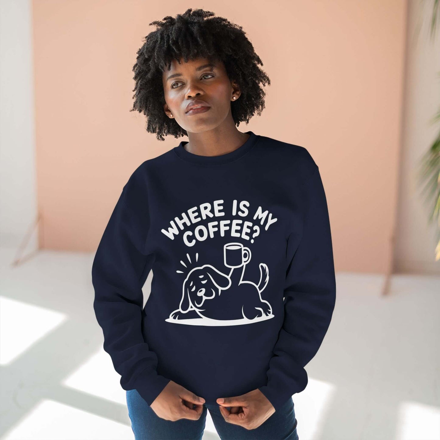 Woman wearing Where is my coffee - Dog Outline Unisex Crewneck Sweatshirt in navy color with playful dog graphic.