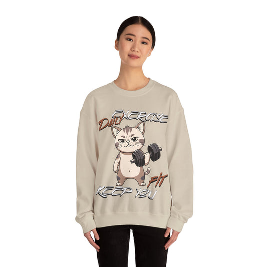 Daily Exercise Keep You Fit Workout Cat Unisex Sweatshirt featuring a cat holding a dumbbell and playful text design.