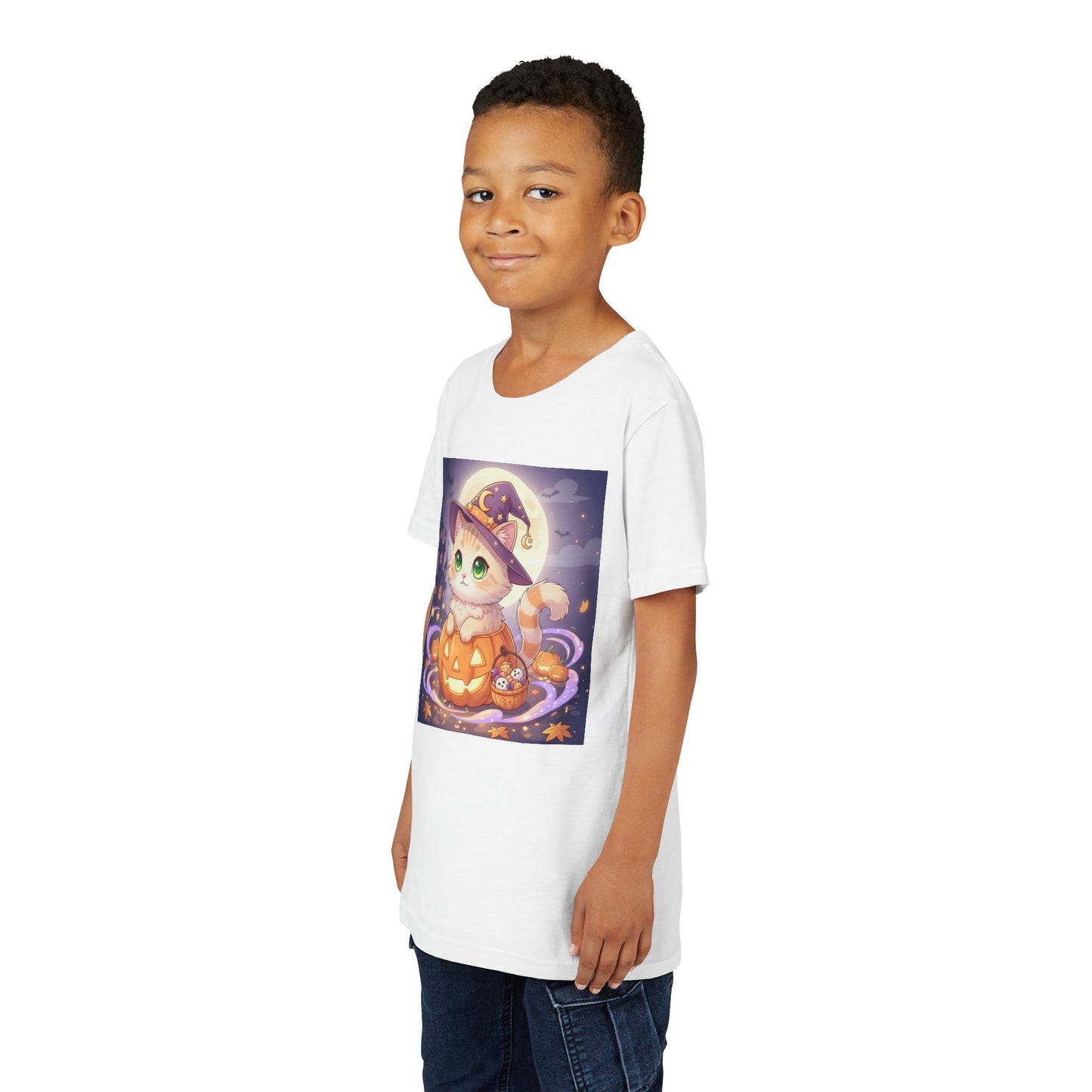 Halloween cute kitten anime style 4 Unisex Youth Tee | T-Shirt, Cute Pumpkin Shirt, Kids Halloween Outfit, Cat Lover Gift, Fun Fall Apparel