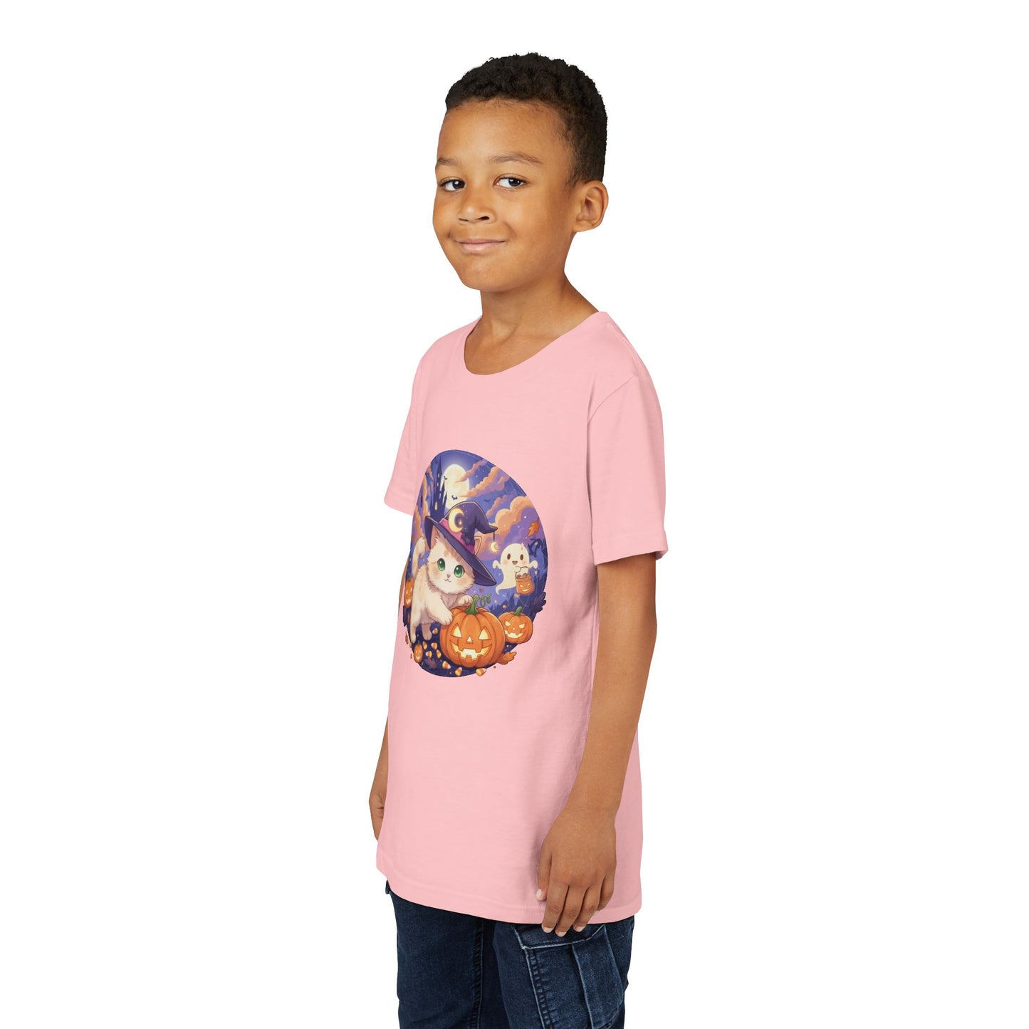 Halloween cute kitten anime style 5 Unisex Youth Tee | T-Shirt, Cute Pumpkin Shirt, Kids Halloween Outfit, Cat Lover Gift, Fun Fall Apparel