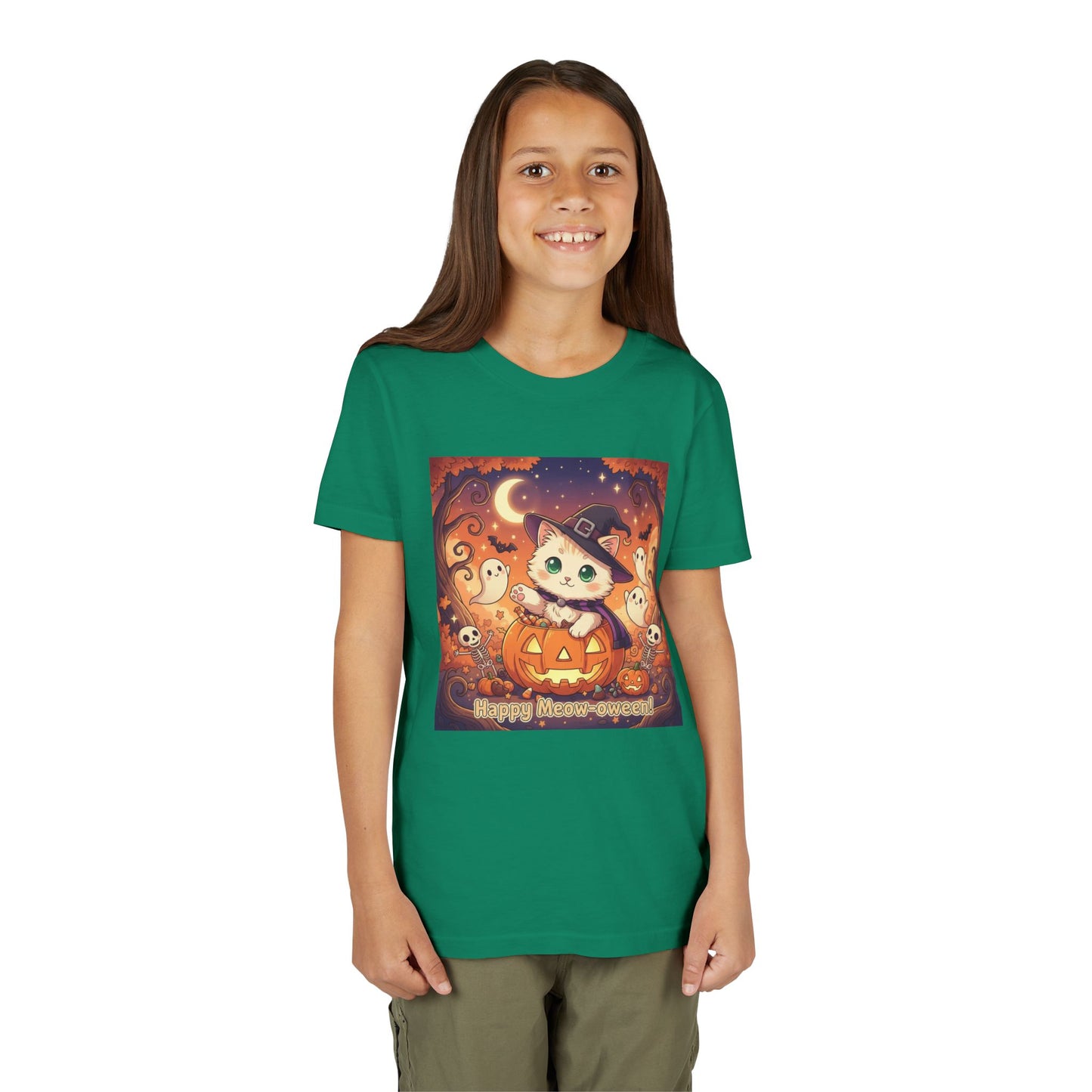Halloween cute kitten anime style 6 Unisex Youth Tee | T-Shirt, Cute Pumpkin Shirt, Kids Halloween Outfit, Cat Lover Gift, Fun Fall Apparel