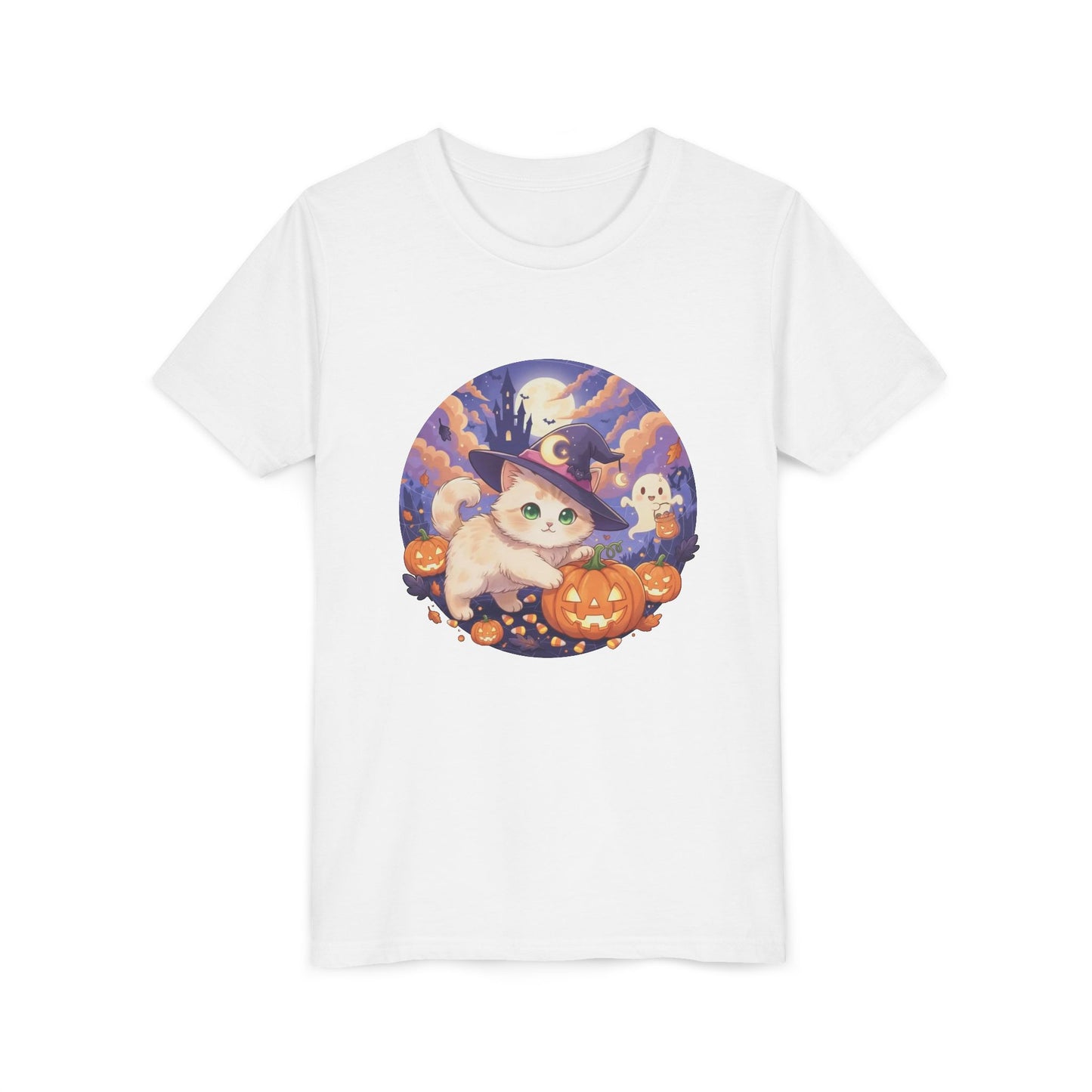 Halloween cute kitten anime style 5 Unisex Youth Tee | T-Shirt, Cute Pumpkin Shirt, Kids Halloween Outfit, Cat Lover Gift, Fun Fall Apparel