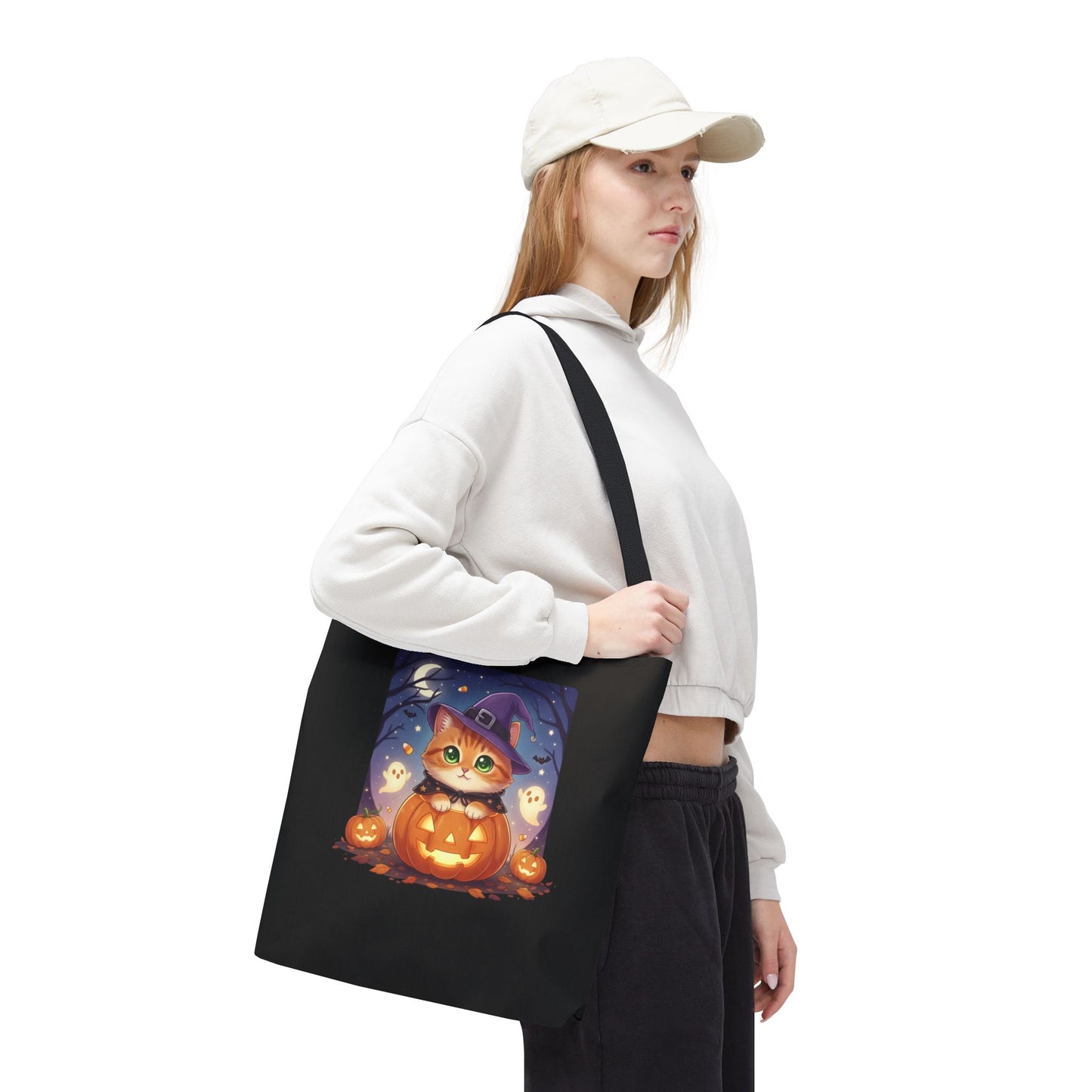 Halloween Cat anime style Tote Bag, Spooky Pet Lovers Gift, Boho Halloween Bag, Witchy Cat Tote, Fall Festivities Accessory