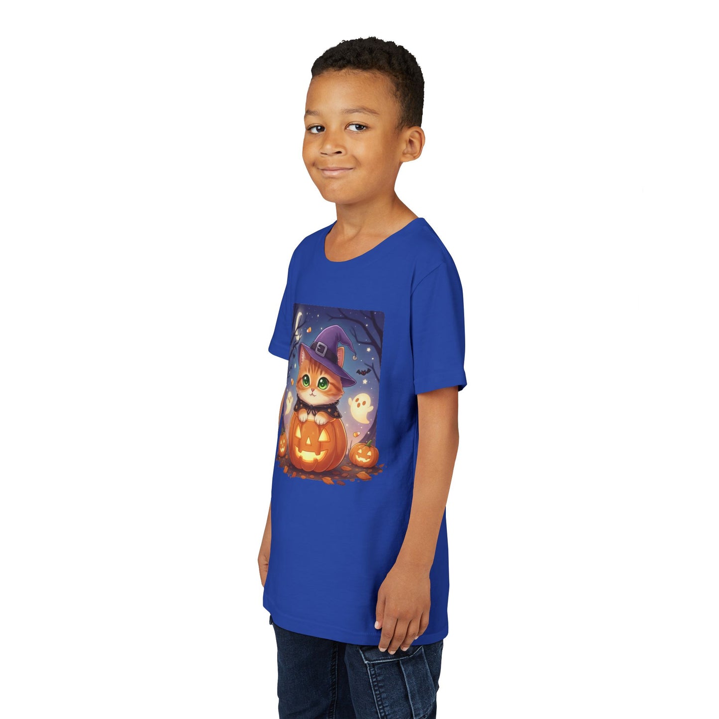 Halloween cute kitten anime style 7 Unisex Youth Tee | T-Shirt, Cute Pumpkin Shirt, Kids Halloween Outfit, Cat Lover Gift, Fun Fall Apparel