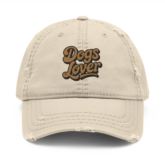Dogs Lover Distressed Embroidered Cap Dad Hat Brown Words in beige with faded look and embroidered lettering.