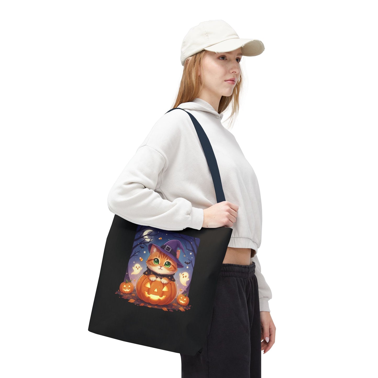Halloween Cat anime style Tote Bag, Spooky Pet Lovers Gift, Boho Halloween Bag, Witchy Cat Tote, Fall Festivities Accessory