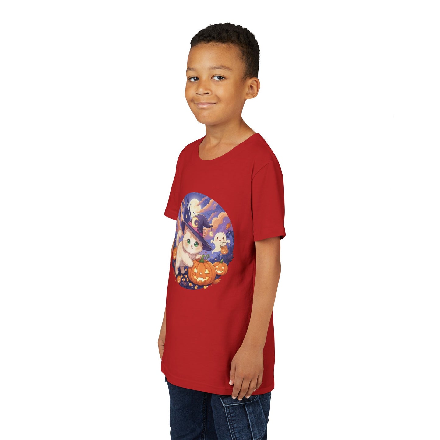 Halloween cute kitten anime style 5 Unisex Youth Tee | T-Shirt, Cute Pumpkin Shirt, Kids Halloween Outfit, Cat Lover Gift, Fun Fall Apparel