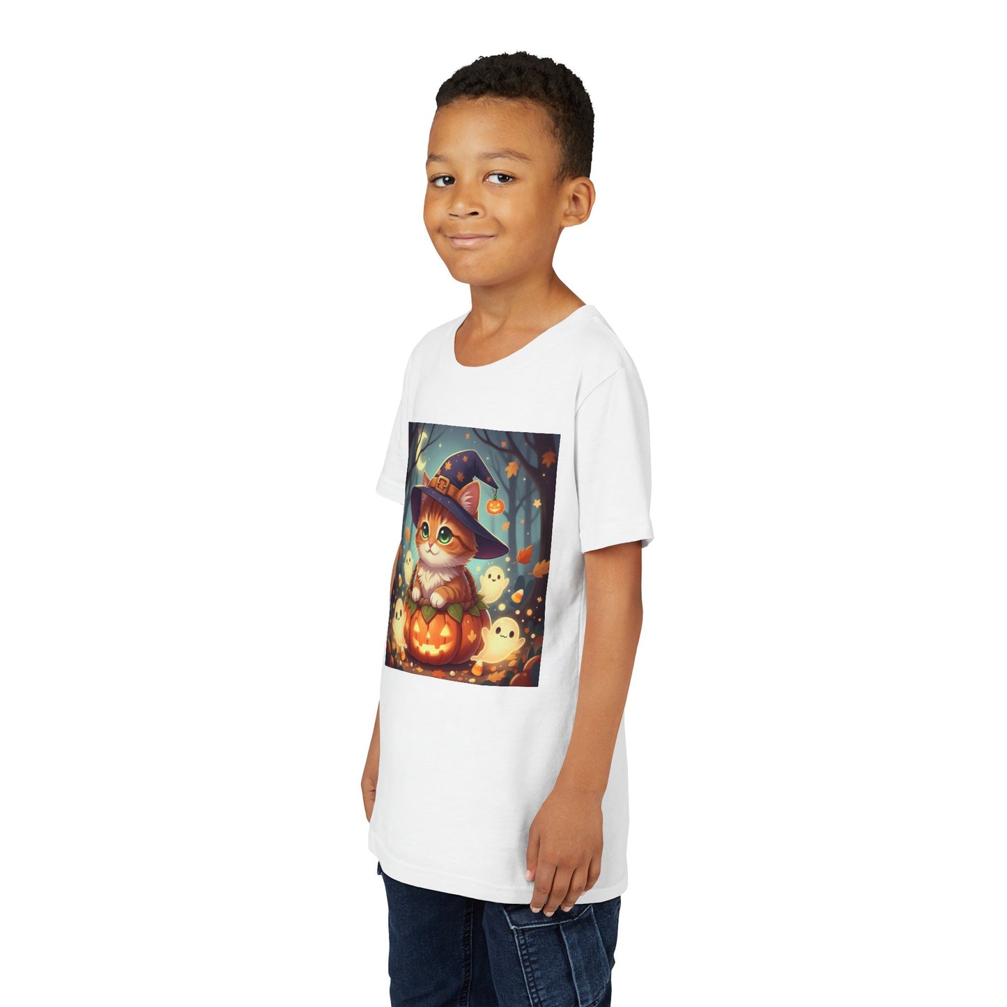Halloween cute kitten anime style 3 Unisex Youth Tee | T-Shirt, Cute Pumpkin Shirt, Kids Halloween Outfit, Cat Lover Gift, Fun Fall Apparel