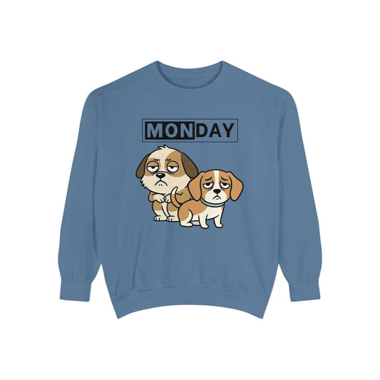Monday Face Dog Stares Blankly Unisex Crewneck Sweatshirt featuring cartoon dogs under a 'MONDAY' banner.