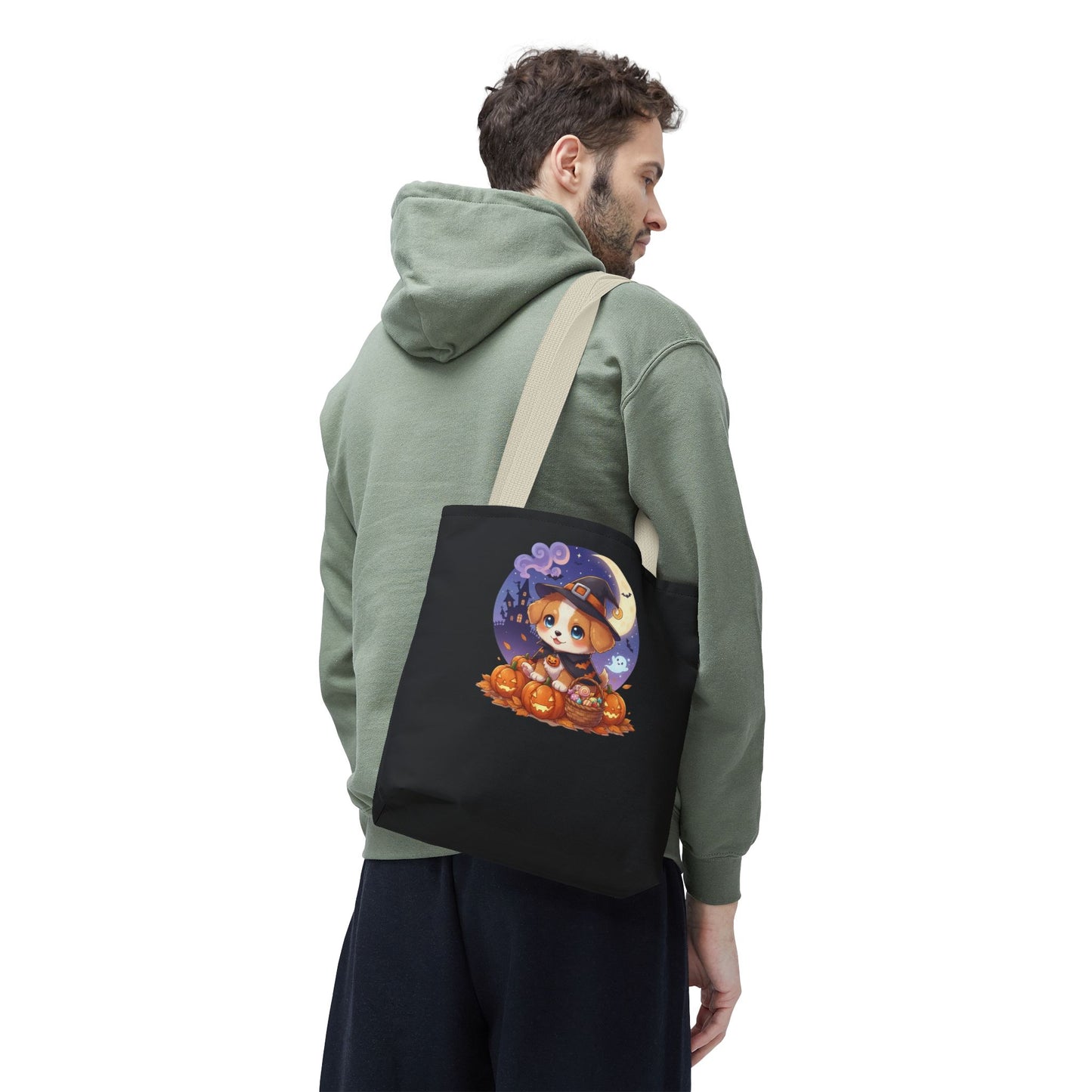 Adorable Halloween Puppy anime style Tote Bag, Pumpkin Lover Gift, Cute Dog Design, Witch Theme, Eco-Friendly Shopping Bag