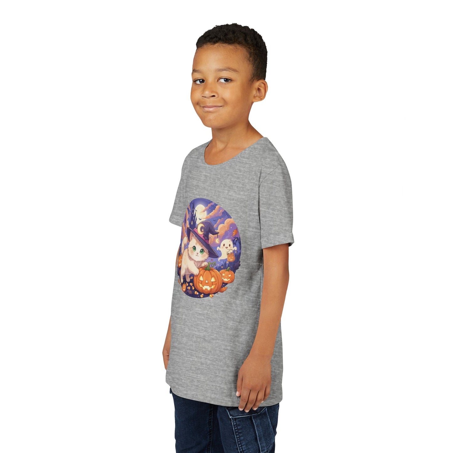 Halloween cute kitten anime style 5 Unisex Youth Tee | T-Shirt, Cute Pumpkin Shirt, Kids Halloween Outfit, Cat Lover Gift, Fun Fall Apparel