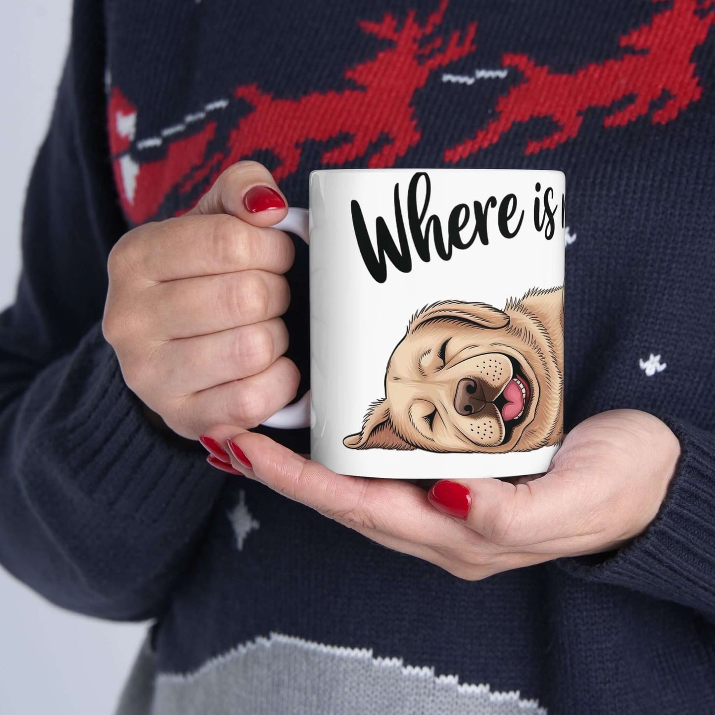 Where is my coffee - Cute Sleeping Dog Ceramic Coffee Mug held by a person, featuring a relaxed cartoon-style dog design.