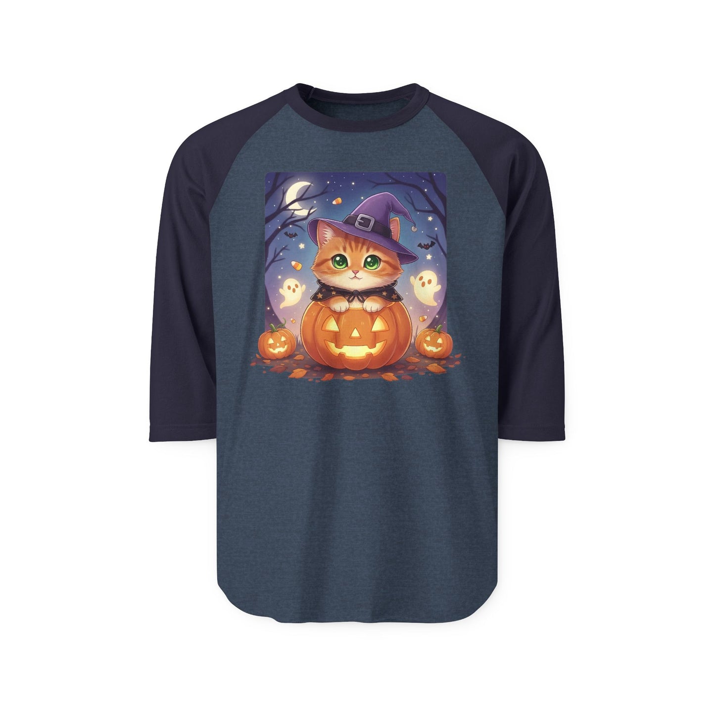 Halloween cute kitten anime style 7 Raglan Shirt, Unisex Halloween Top, Pumpkin Cat Shirt, Cute Cat Tee, Spooky Casual Wear