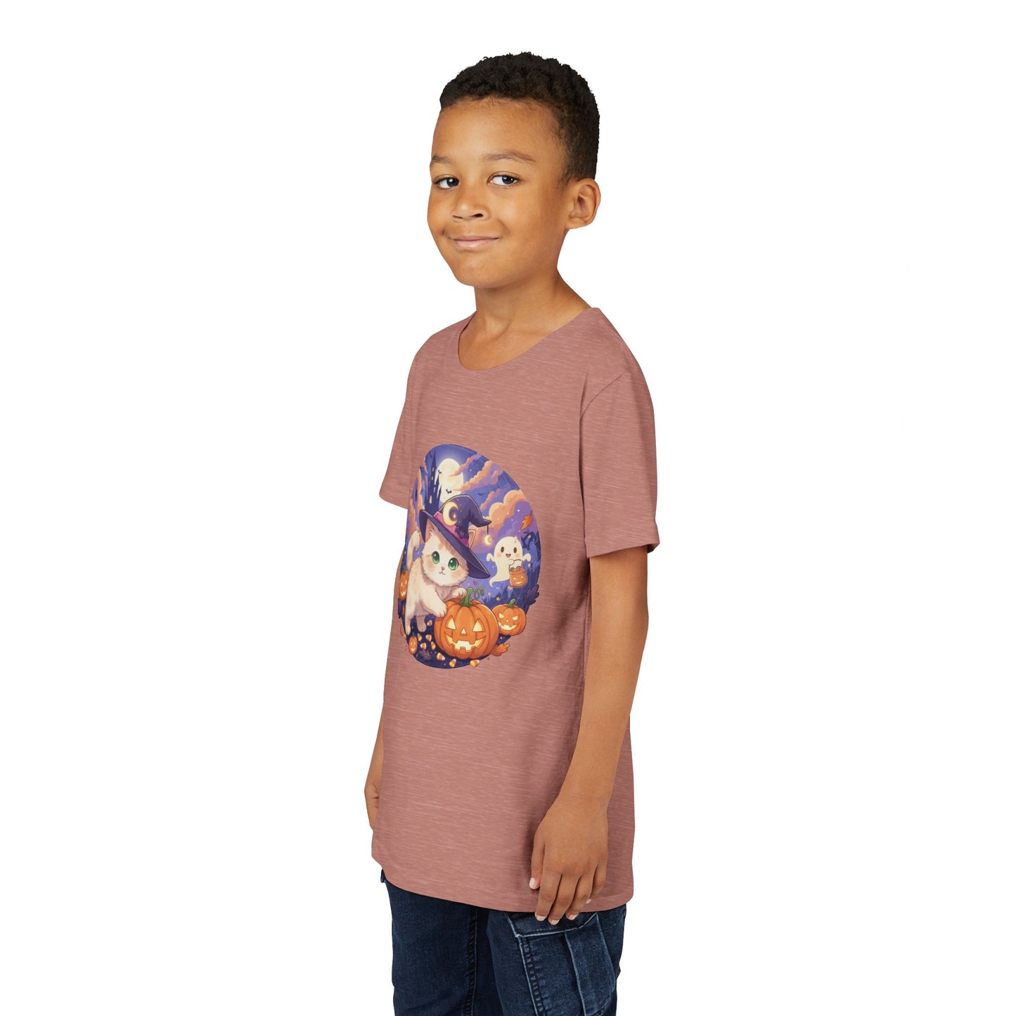 Halloween cute kitten anime style 5 Unisex Youth Tee | T-Shirt, Cute Pumpkin Shirt, Kids Halloween Outfit, Cat Lover Gift, Fun Fall Apparel