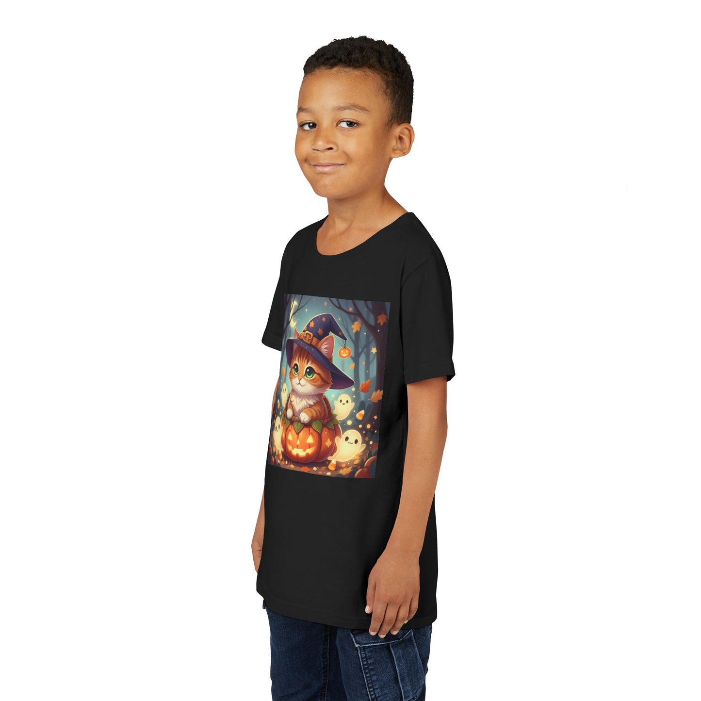 Halloween cute kitten anime style 3 Unisex Youth Tee | T-Shirt, Cute Pumpkin Shirt, Kids Halloween Outfit, Cat Lover Gift, Fun Fall Apparel