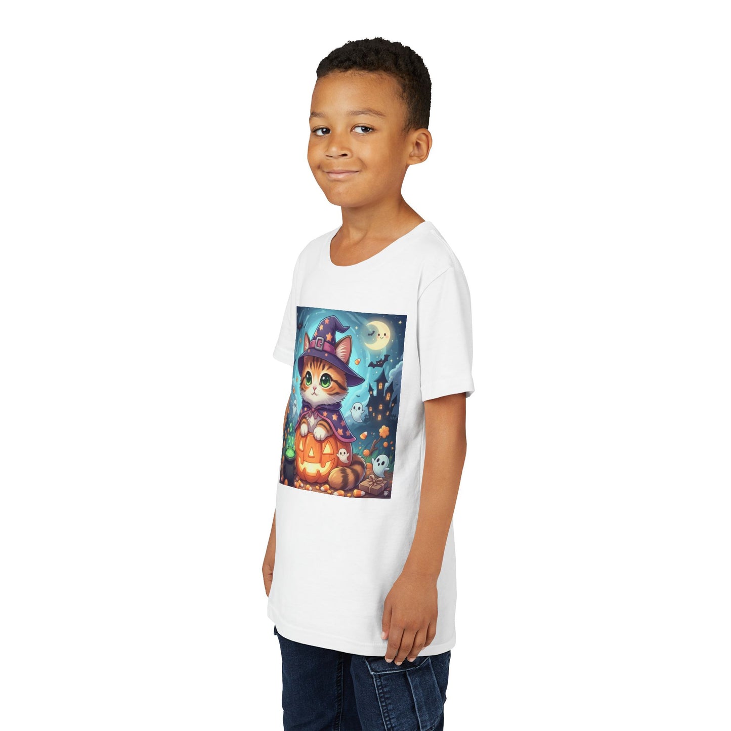 Halloween cute kitten anime style 2 Unisex Youth Tee | T-Shirt, Cute Pumpkin Shirt, Kids Halloween Outfit, Cat Lover Gift, Fun Fall Apparel