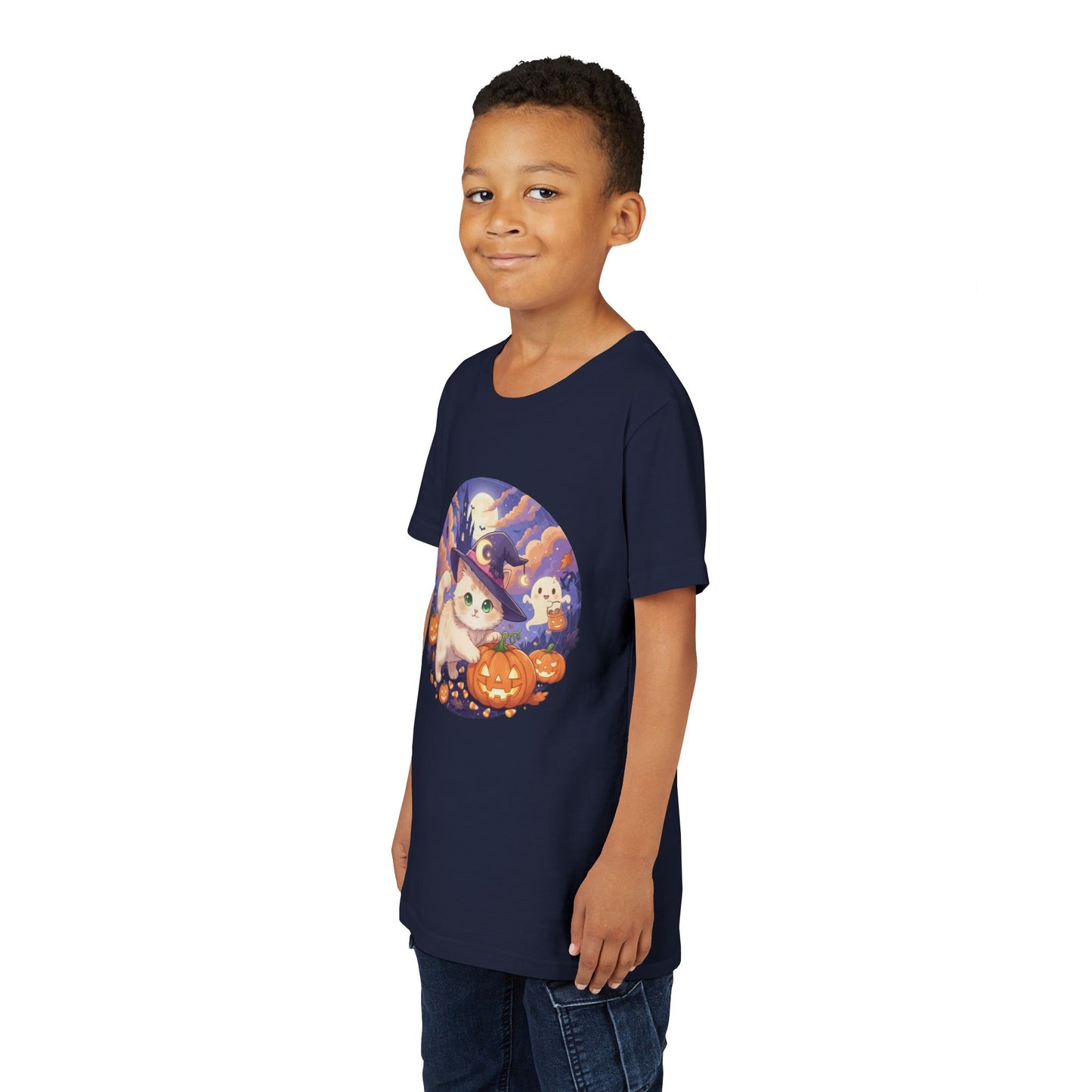 Halloween cute kitten anime style 5 Unisex Youth Tee | T-Shirt, Cute Pumpkin Shirt, Kids Halloween Outfit, Cat Lover Gift, Fun Fall Apparel