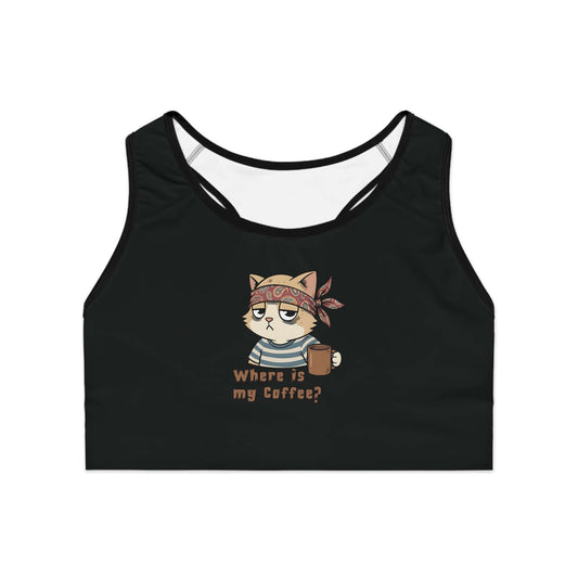 Where is my Coffee - Cute Cat Workout Crop Top Sports Bra featuring a cat with a coffee mug.