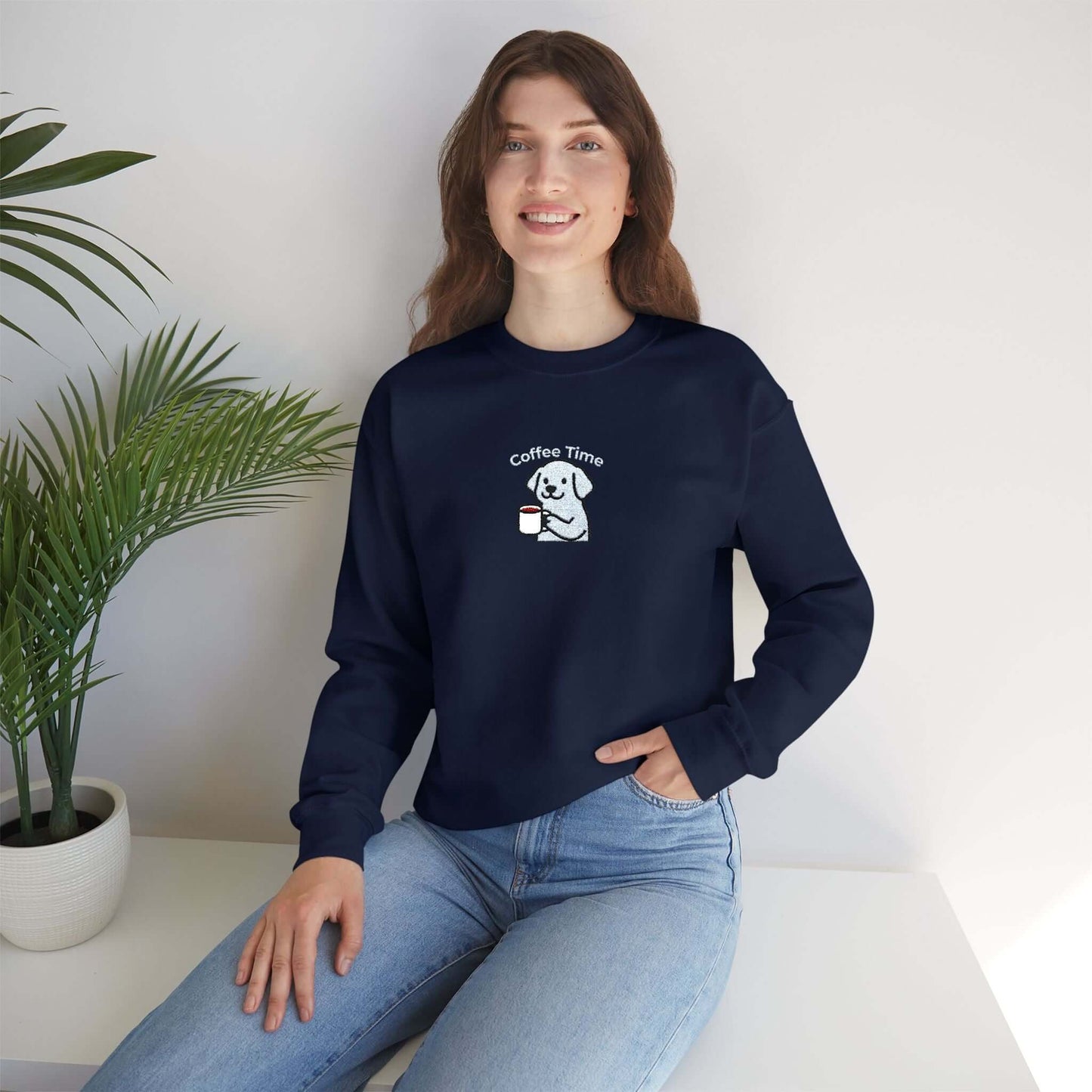 Coffee Time Dog Embroidered Unisex Crewneck Sweatshirt style 2