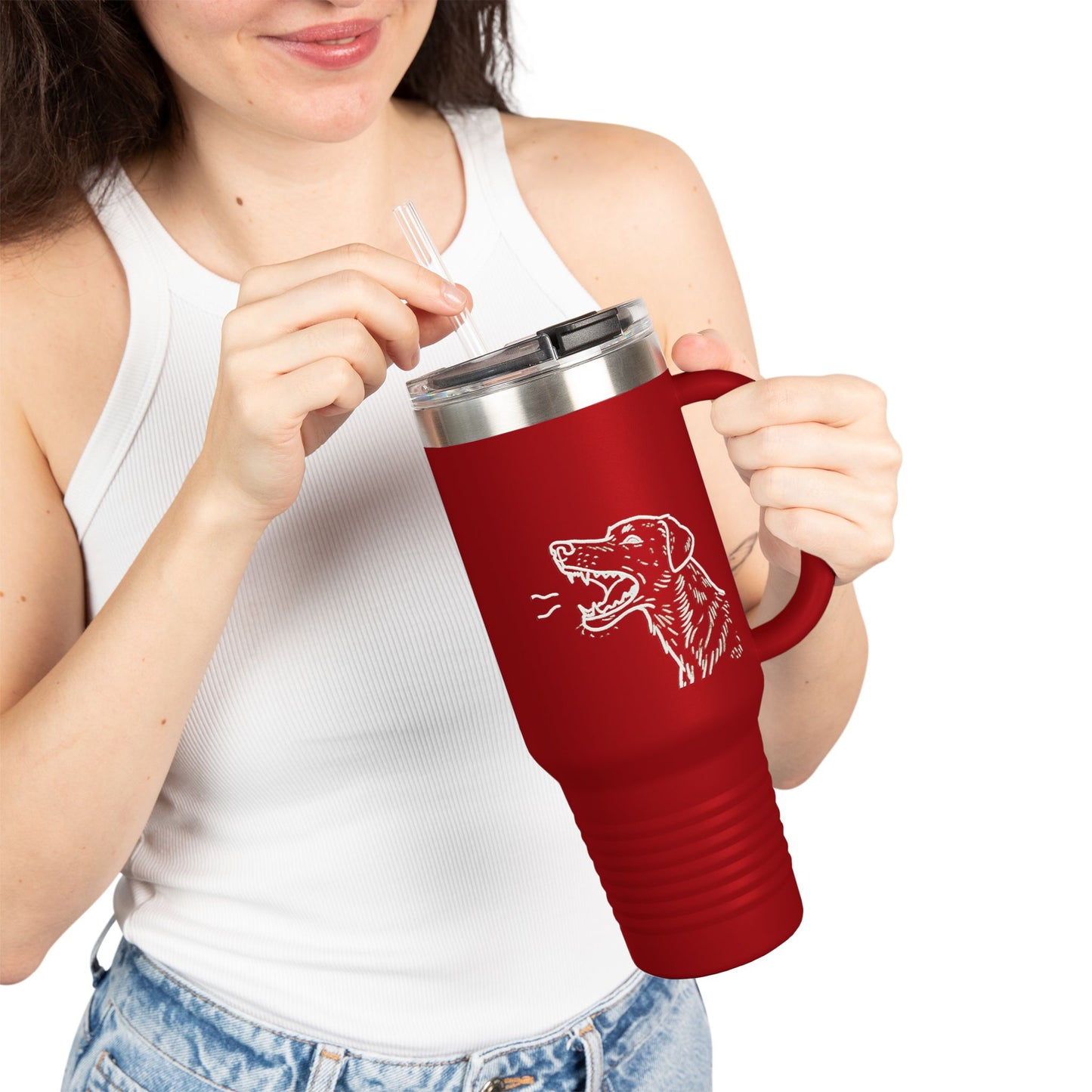 Barking Dog Travel Mug, Insulated Coffee Cup, Dog Lover Gift, For Outdoor Adventures, 40oz Red Drinkware