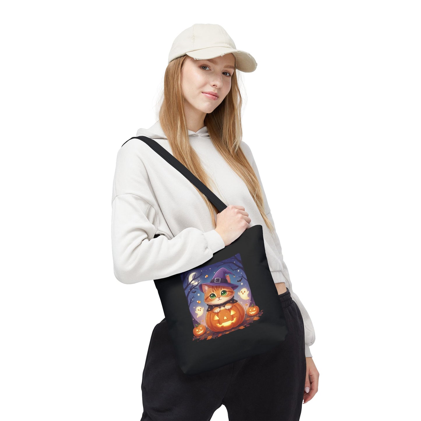 Halloween Cat anime style Tote Bag, Spooky Pet Lovers Gift, Boho Halloween Bag, Witchy Cat Tote, Fall Festivities Accessory