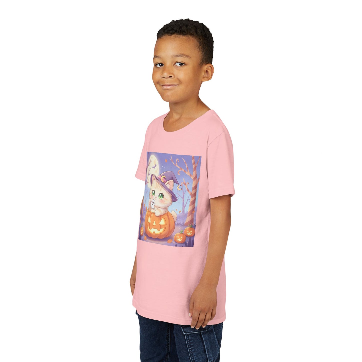 Halloween cute kitten anime style 1 Unisex Youth Tee | T-Shirt, Cute Pumpkin Shirt, Kids Halloween Outfit, Cat Lover Gift, Fun Fall Apparel