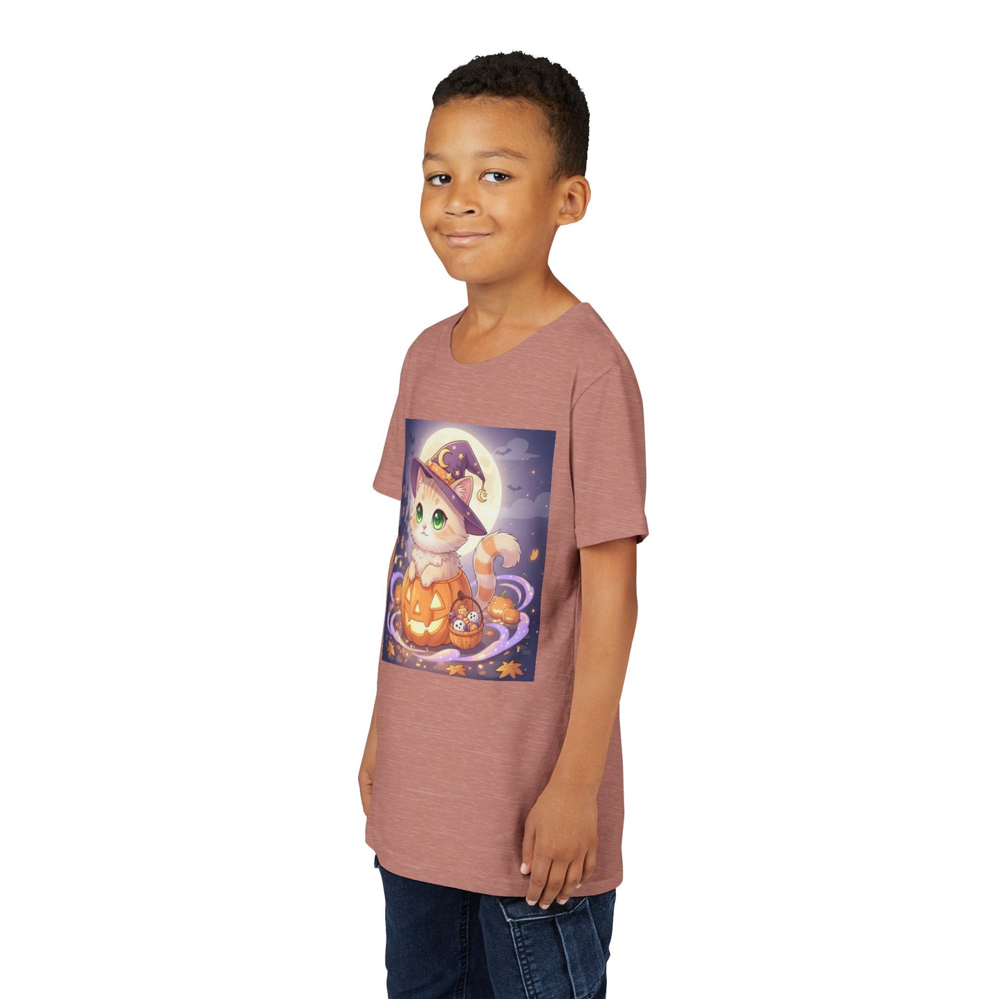 Halloween cute kitten anime style 4 Unisex Youth Tee | T-Shirt, Cute Pumpkin Shirt, Kids Halloween Outfit, Cat Lover Gift, Fun Fall Apparel
