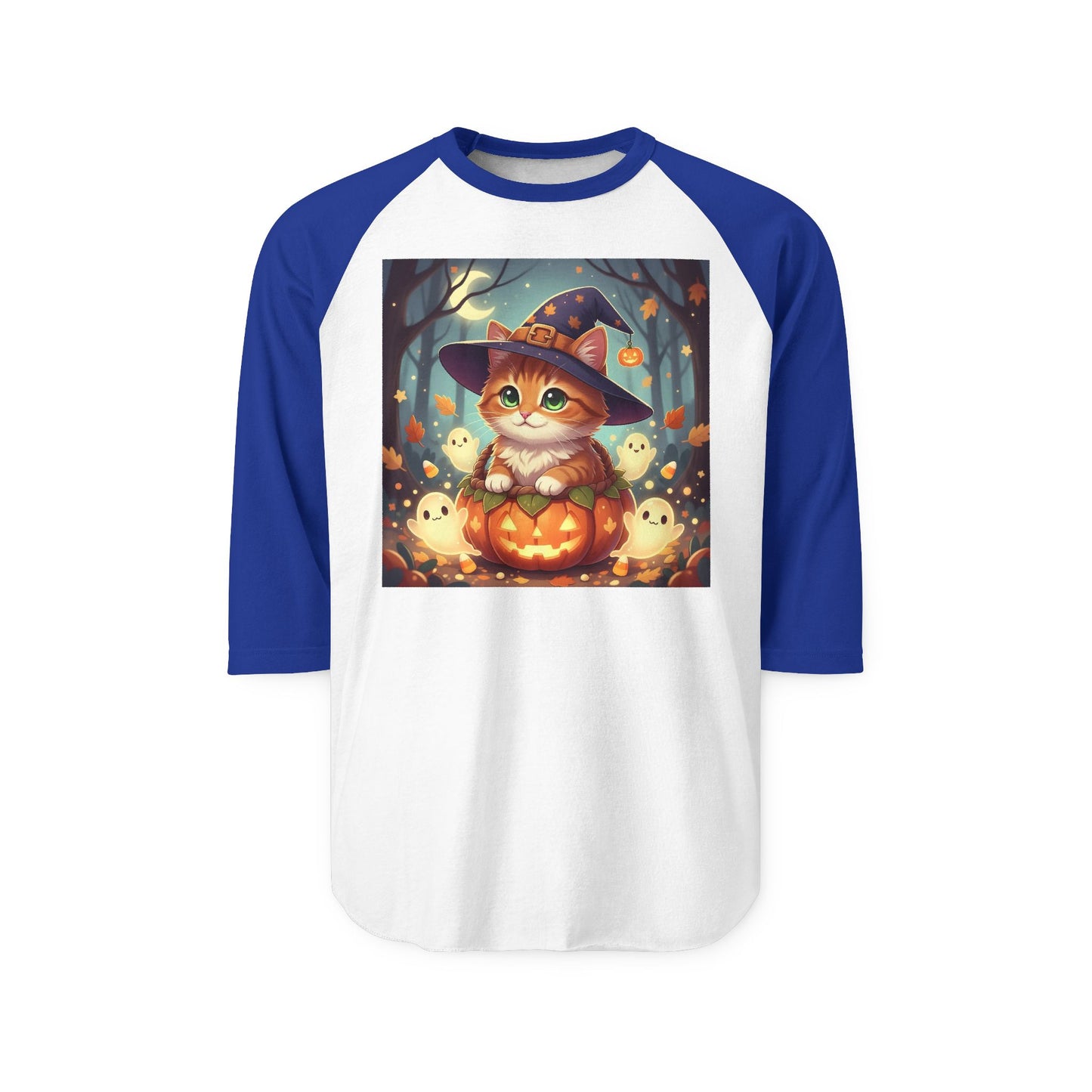 Halloween cute kitten anime style 3 Raglan Shirt, Unisex Halloween Top, Pumpkin Cat Shirt, Cute Cat Tee, Spooky Casual Wear