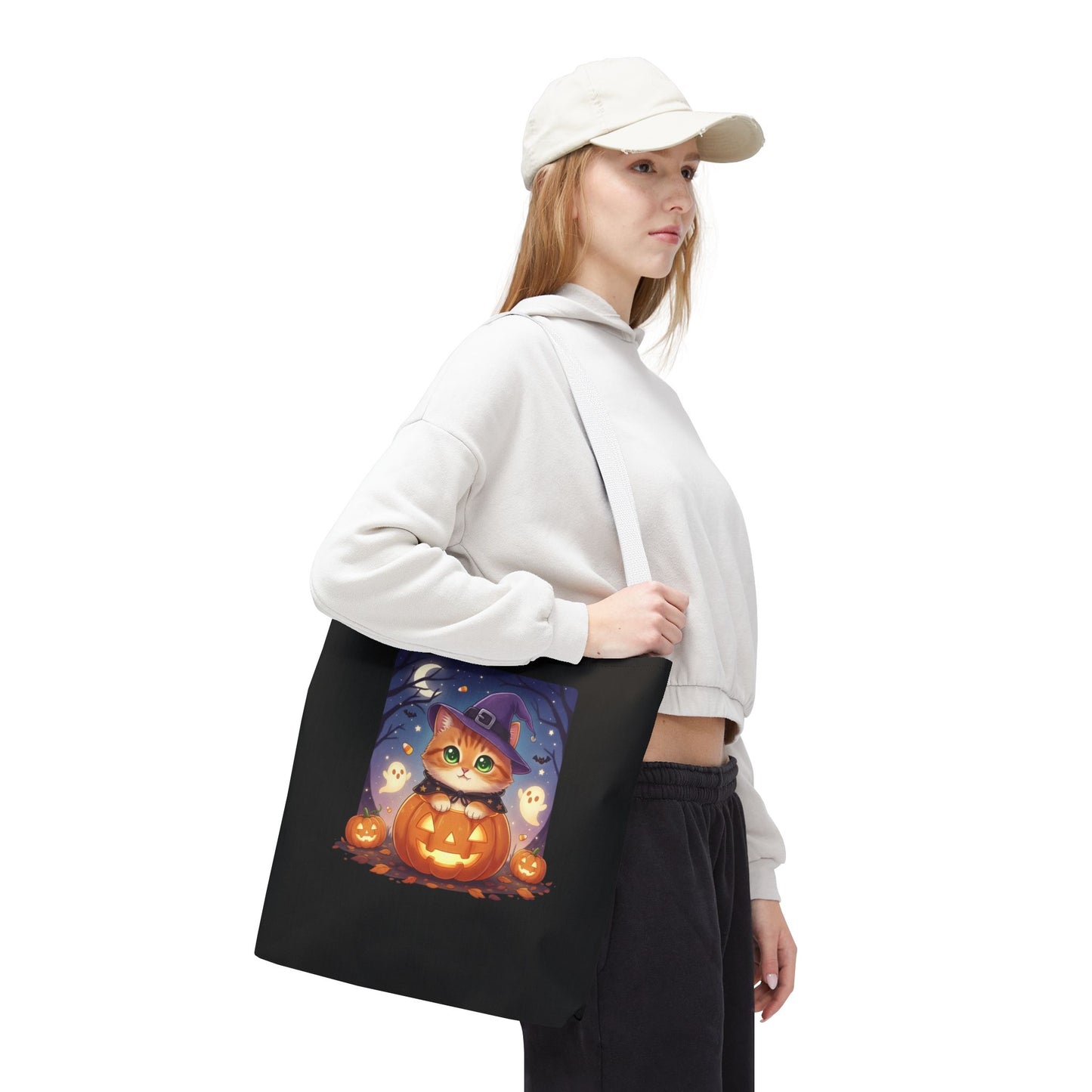 Halloween Cat anime style Tote Bag, Spooky Pet Lovers Gift, Boho Halloween Bag, Witchy Cat Tote, Fall Festivities Accessory