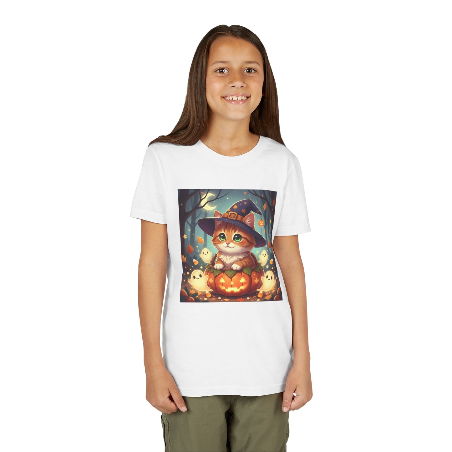 Halloween cute kitten anime style 3 Unisex Youth Tee | T-Shirt, Cute Pumpkin Shirt, Kids Halloween Outfit, Cat Lover Gift, Fun Fall Apparel