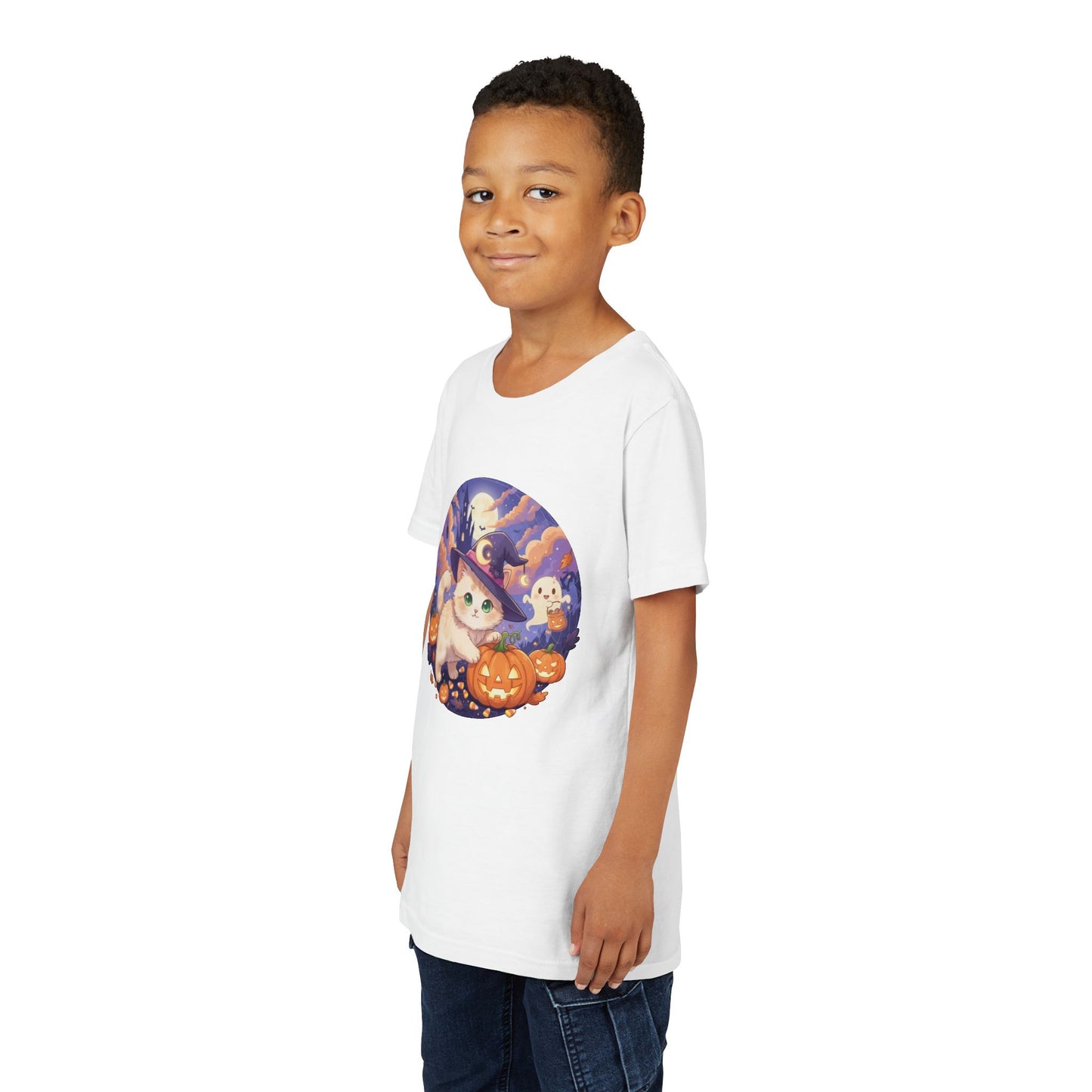 Halloween cute kitten anime style 5 Unisex Youth Tee | T-Shirt, Cute Pumpkin Shirt, Kids Halloween Outfit, Cat Lover Gift, Fun Fall Apparel